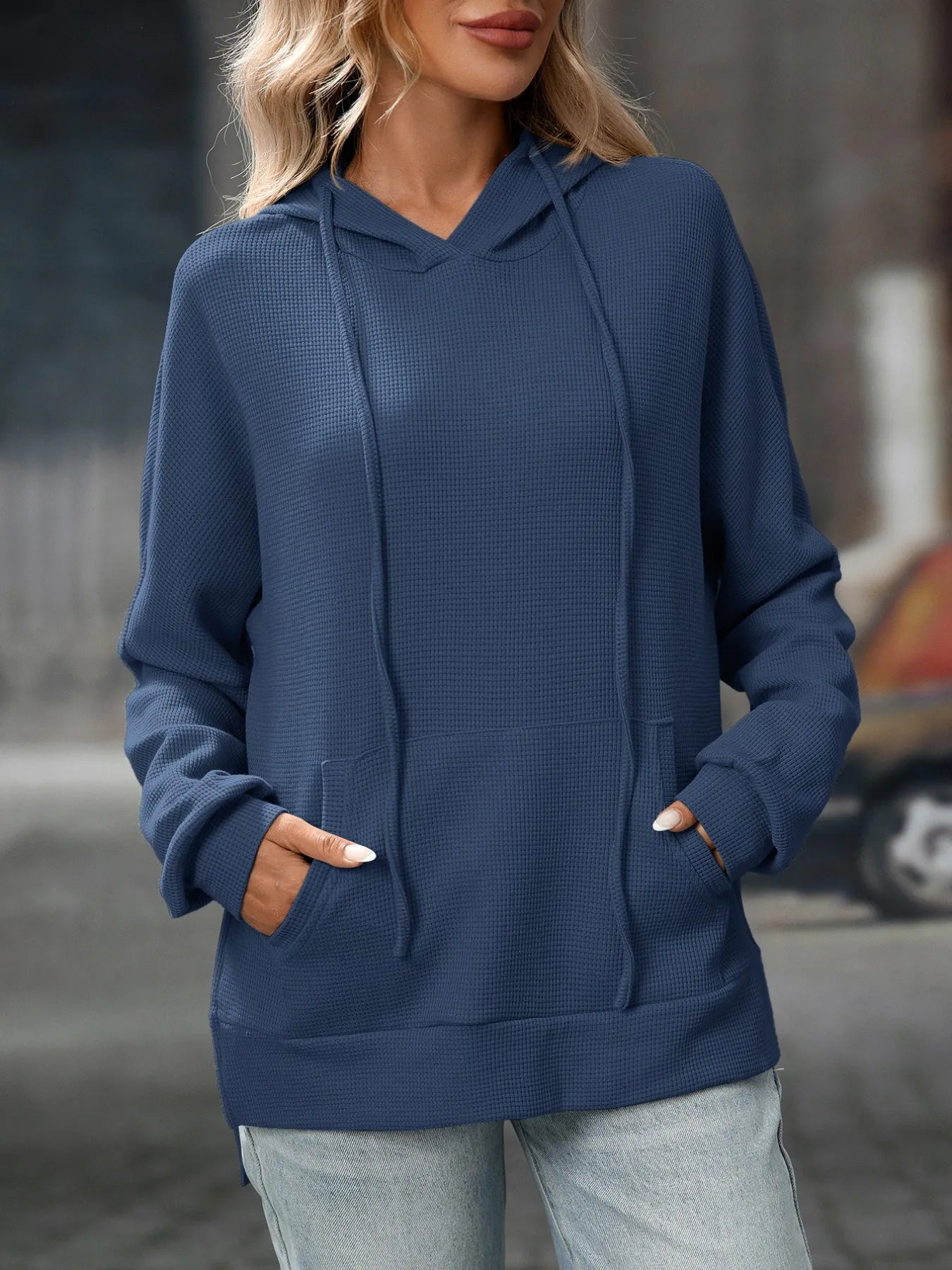 Textured Drawstring Long Sleeve Hoodie
