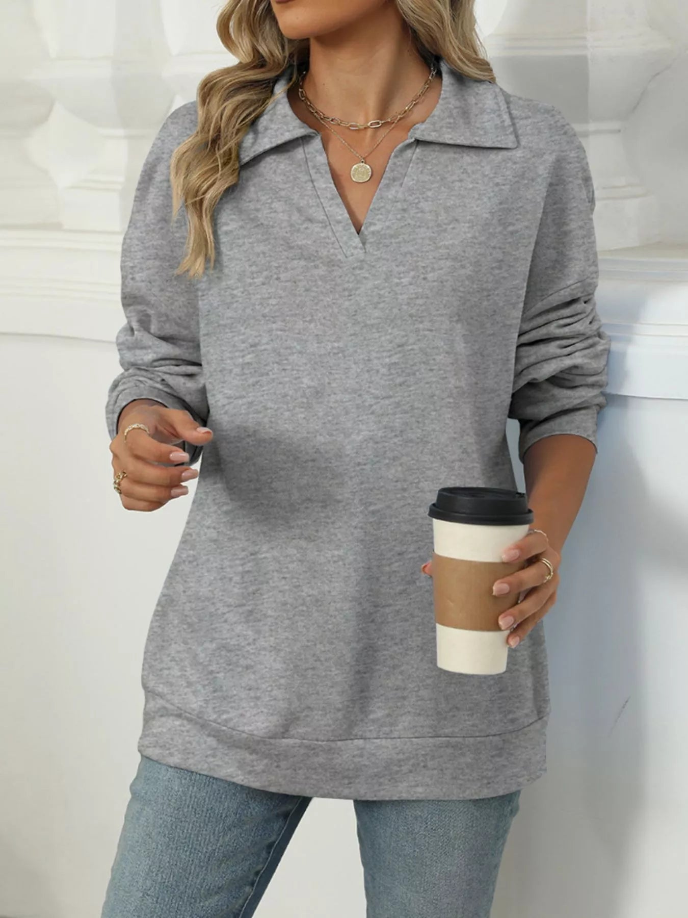 Johnny Collar Long Sleeve Sweatshirt Trendsi