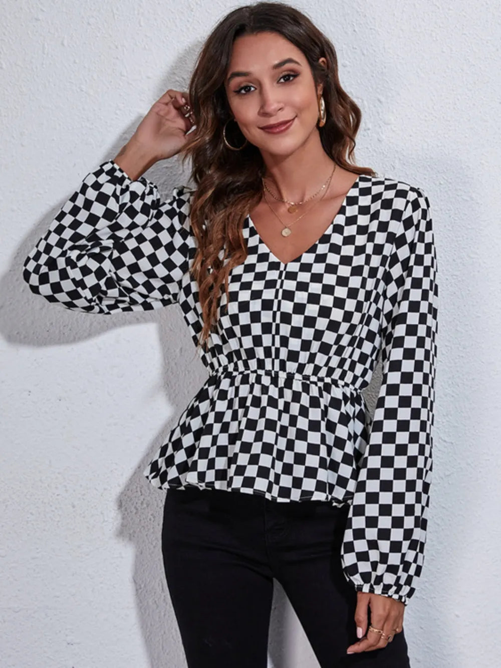 Ruched Printed V-Neck Long Sleeve Blouse nicholesgifts