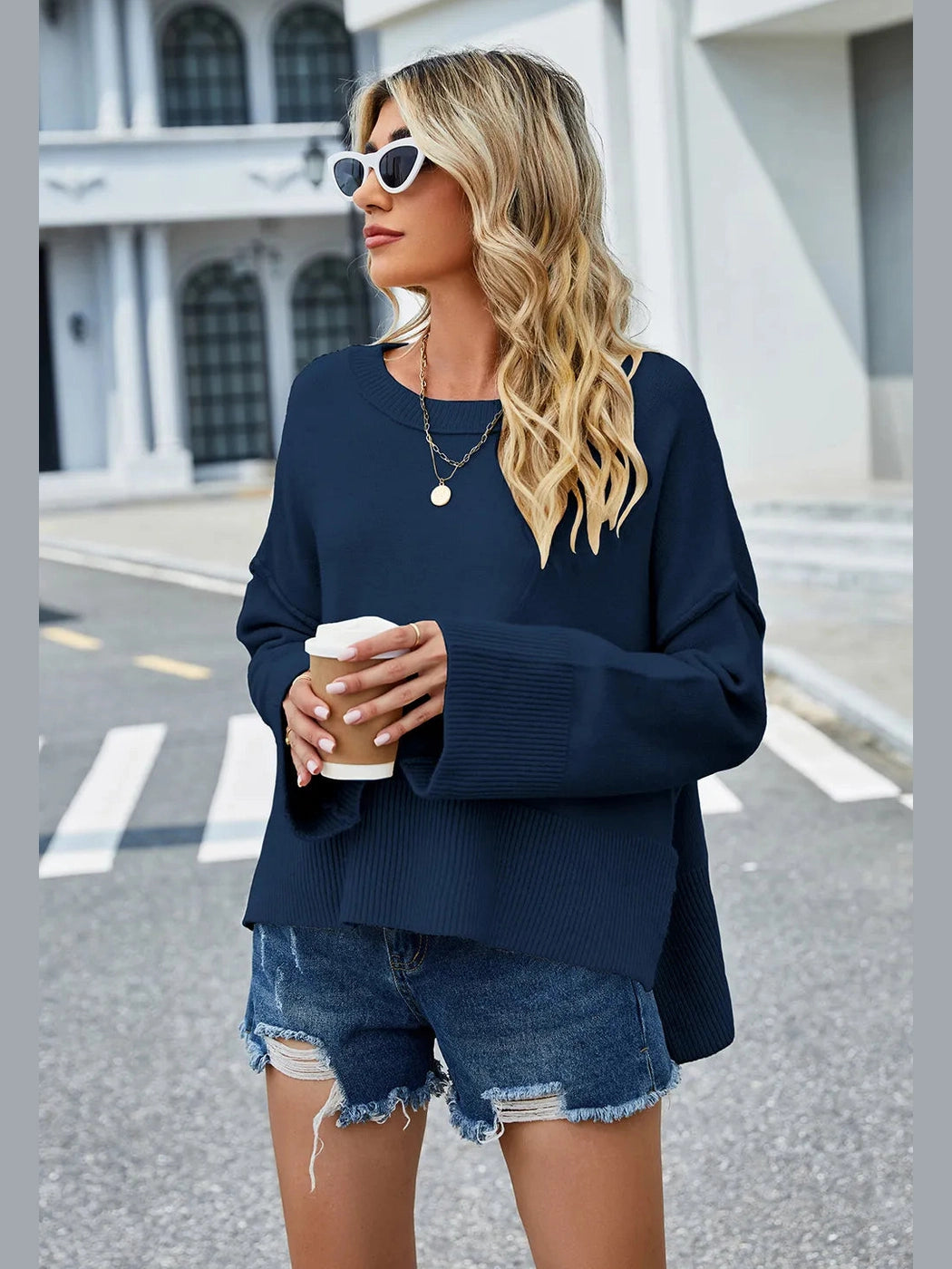 High-Low Slit Round Neck Long Sleeve Sweater nicholesgifts