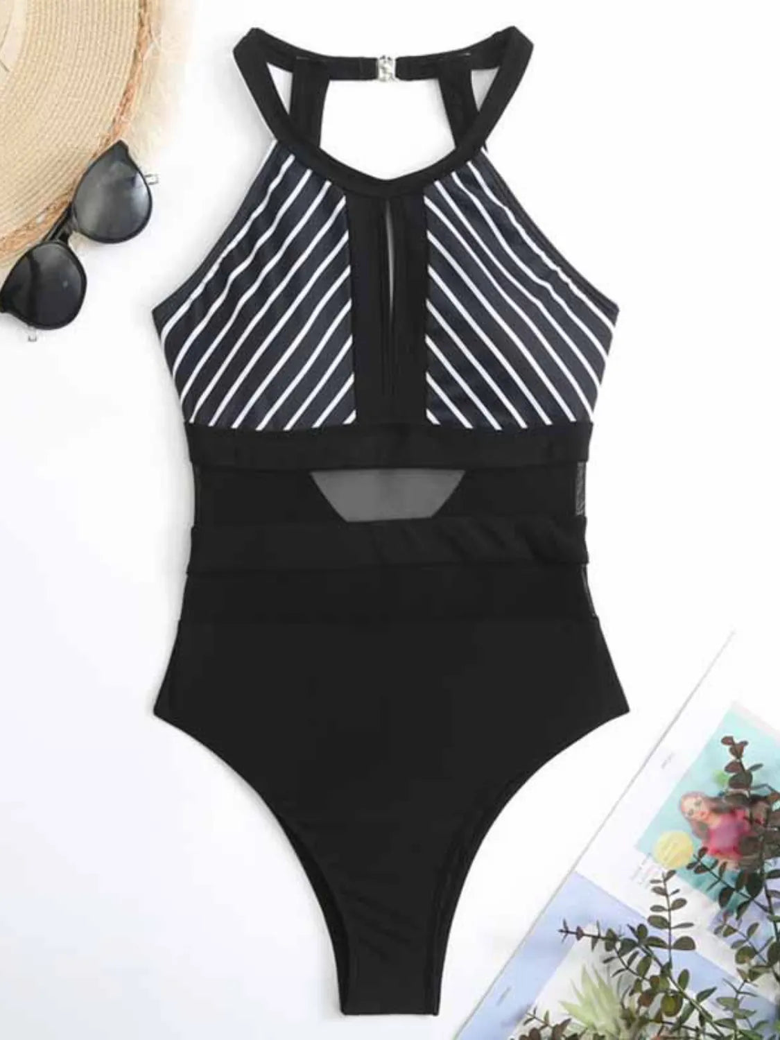 Women Mesh Detail Backless Striped One-Piece Swimsuit nicholesgifts