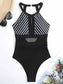 Women Mesh Detail Backless Striped One-Piece Swimsuit nicholesgifts