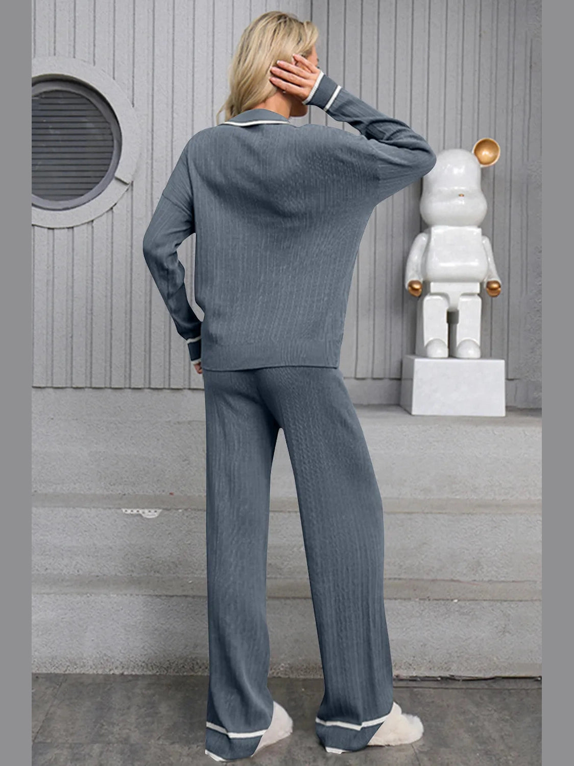 Contrast Trim Johnny Collar Top and Drawstring Pants Sweater Set nicholesgifts