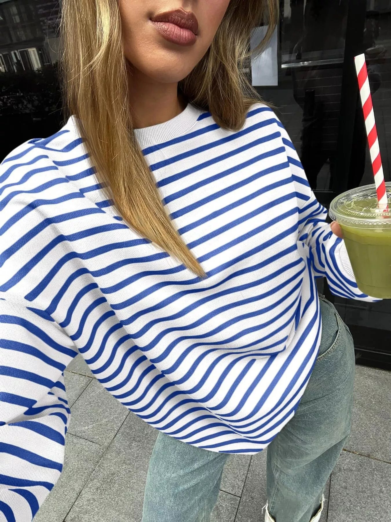 Striped Round Neck Oversized Casual Sweatshirt Trendsi