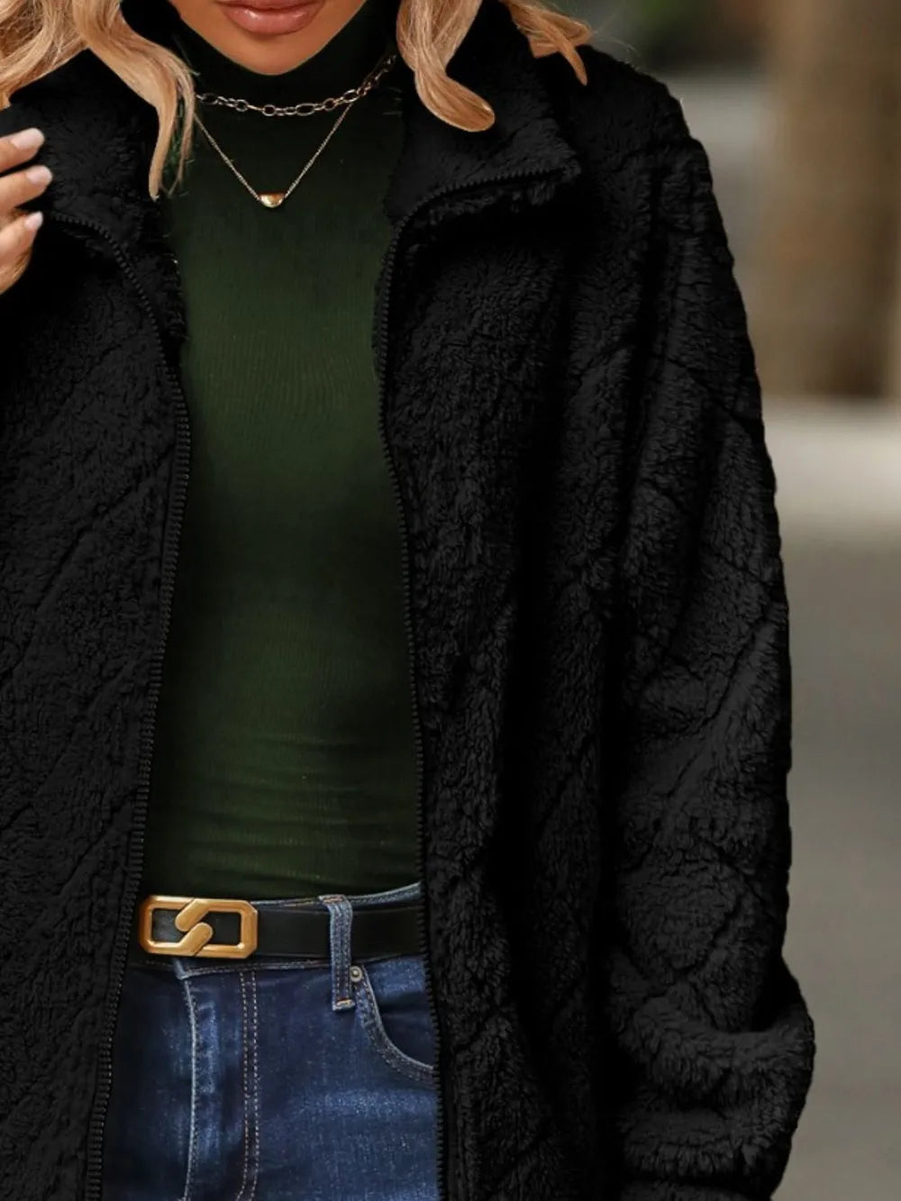 Fuzzy Pocketed Zip Up Jacket nicholesgifts