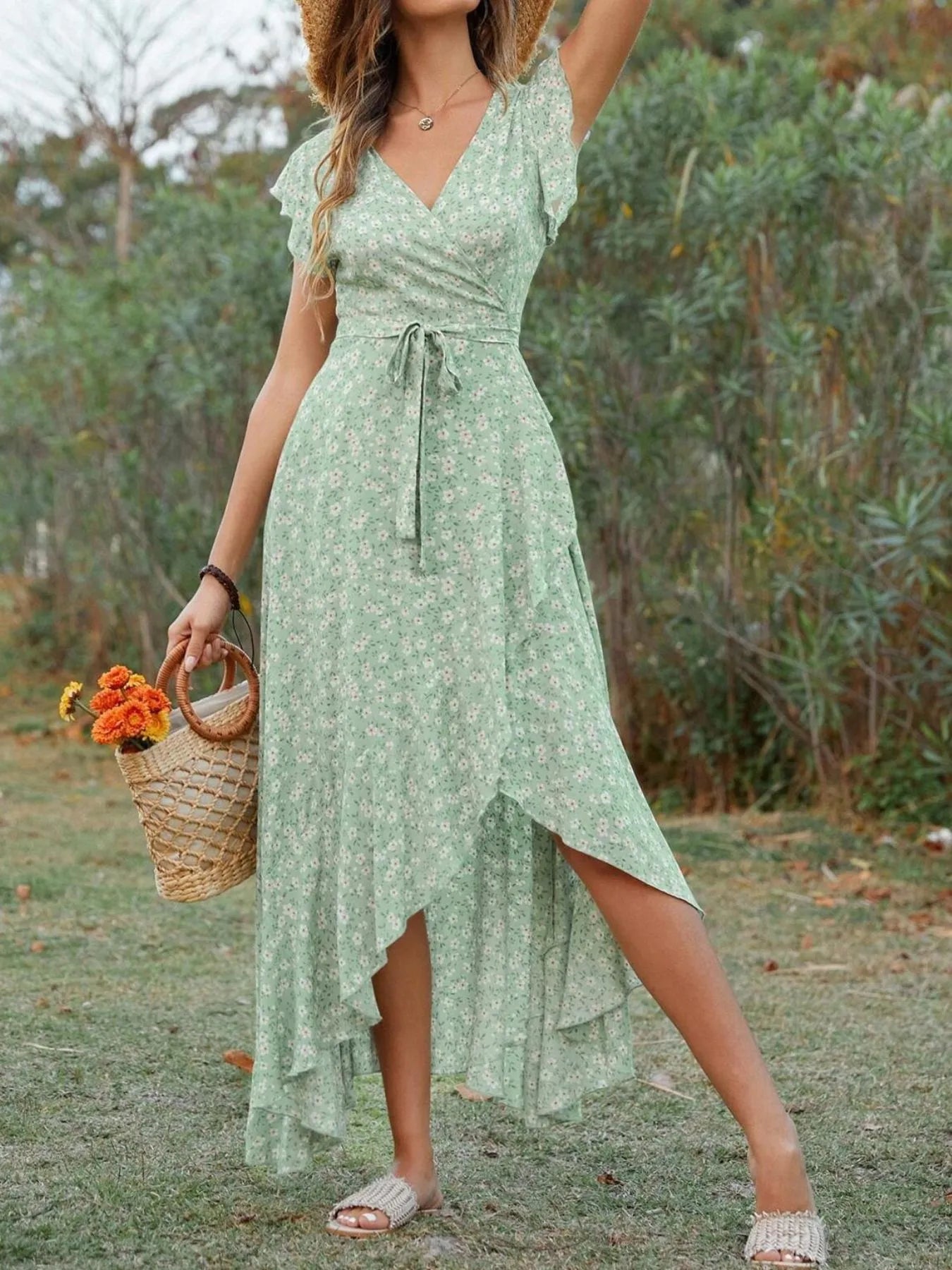 Printed Surplice Ruffle Sleeve Dress NicholesGifts