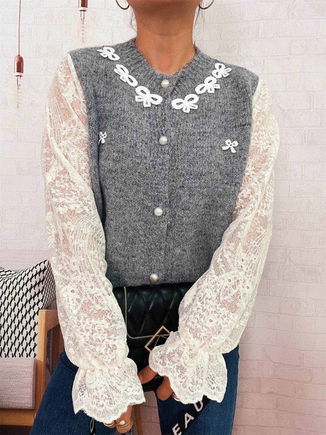 Lace Sleeve Button-Up Cardigan