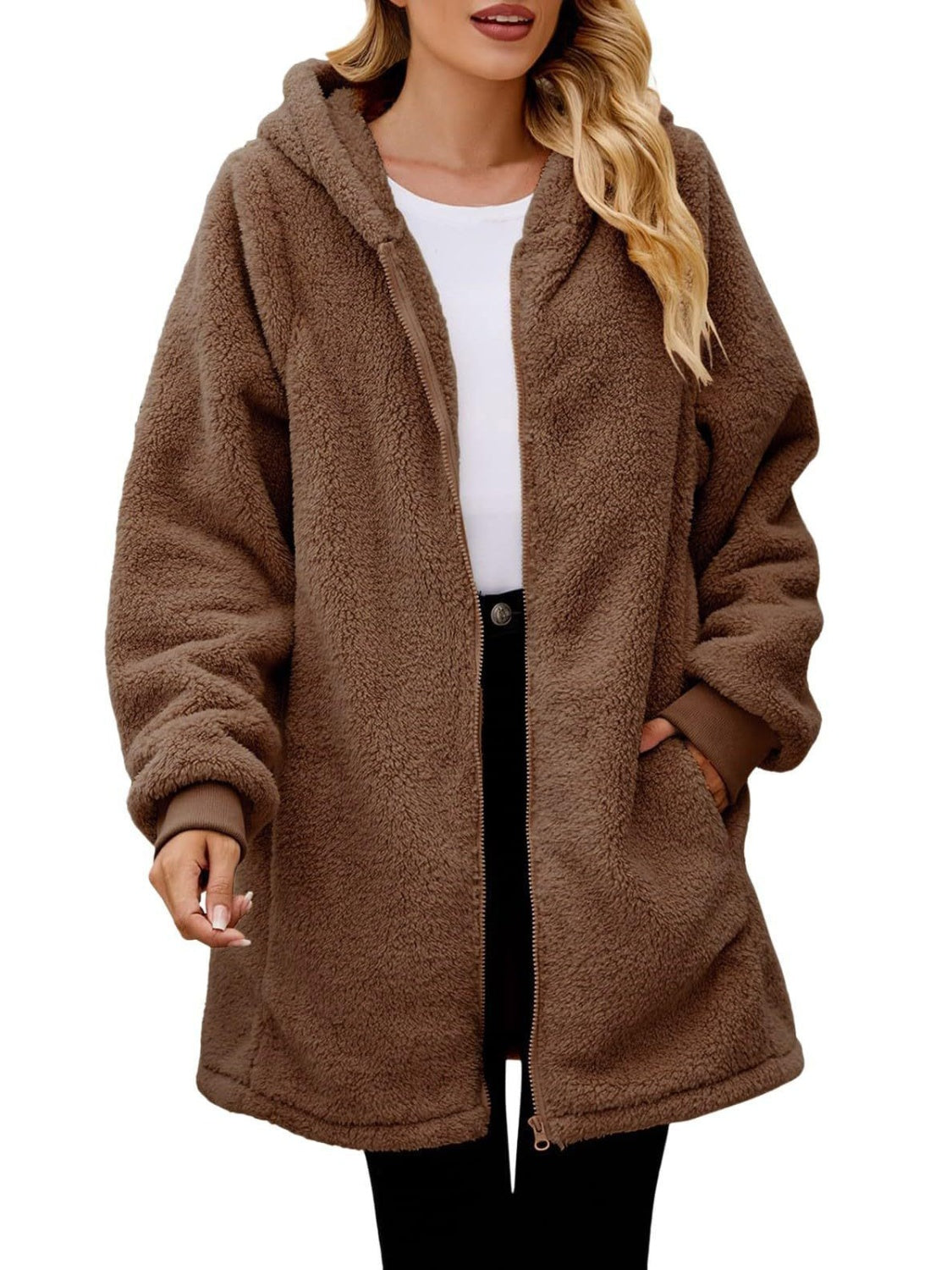 Fuzzy Pocketed Zip Up Long Sleeve Hooded Jacket NicholesGifts