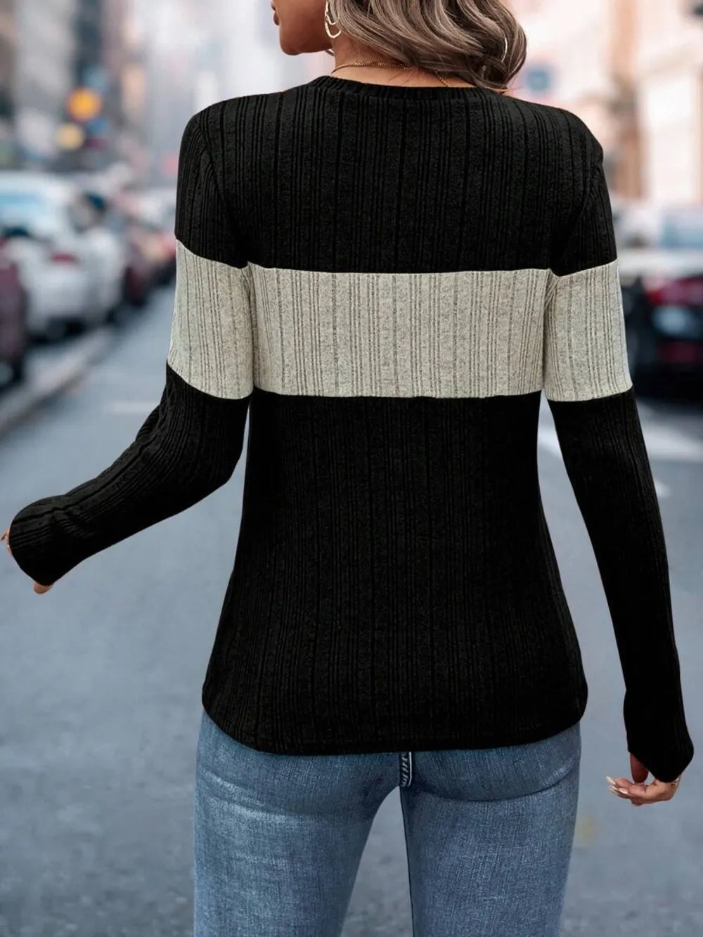 Color Block Round Neck Long Sleeve Top nicholesgifts