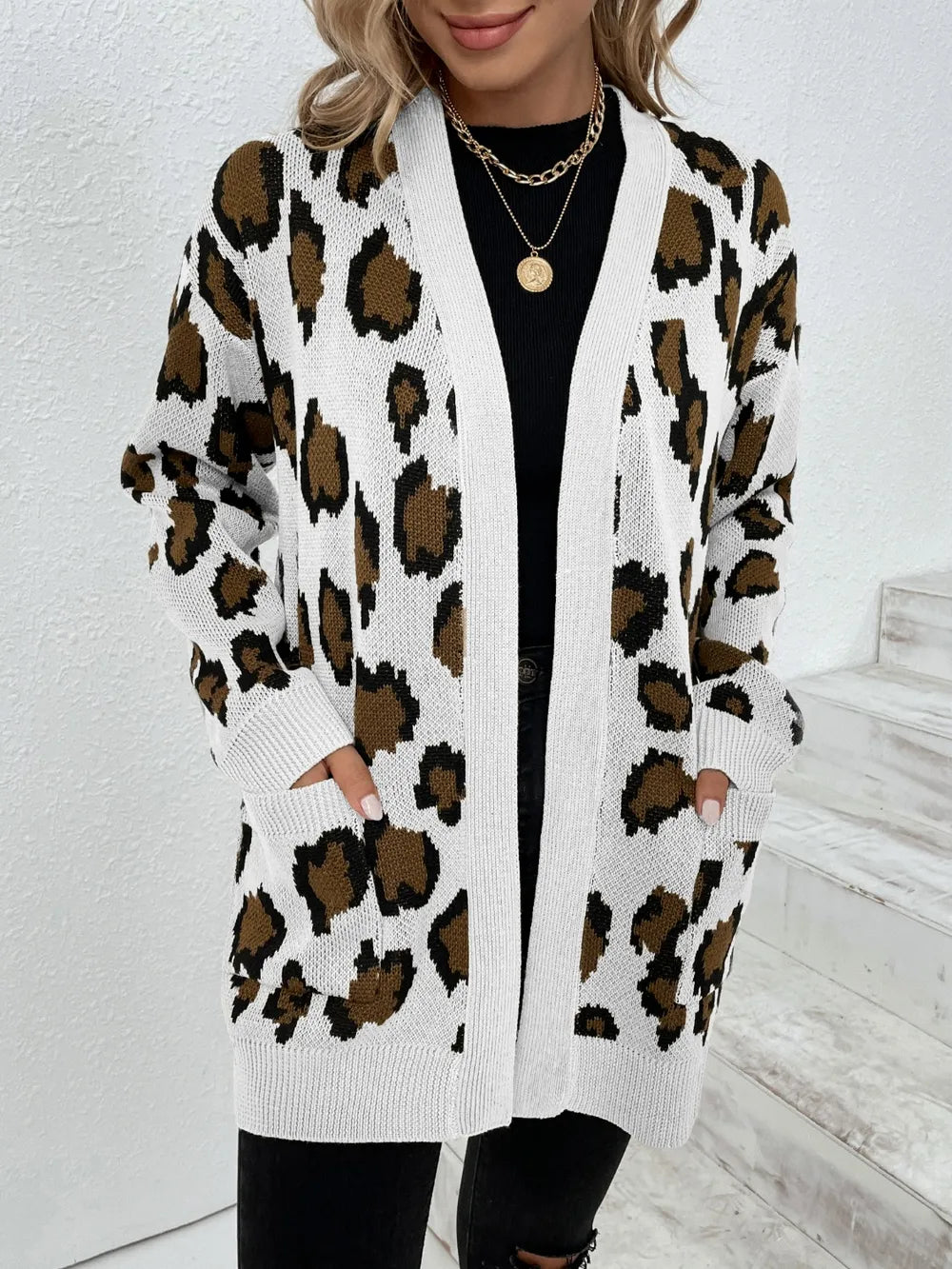 Women Leopard Open Front Dropped Shoulder Cardigan nicholesgifts