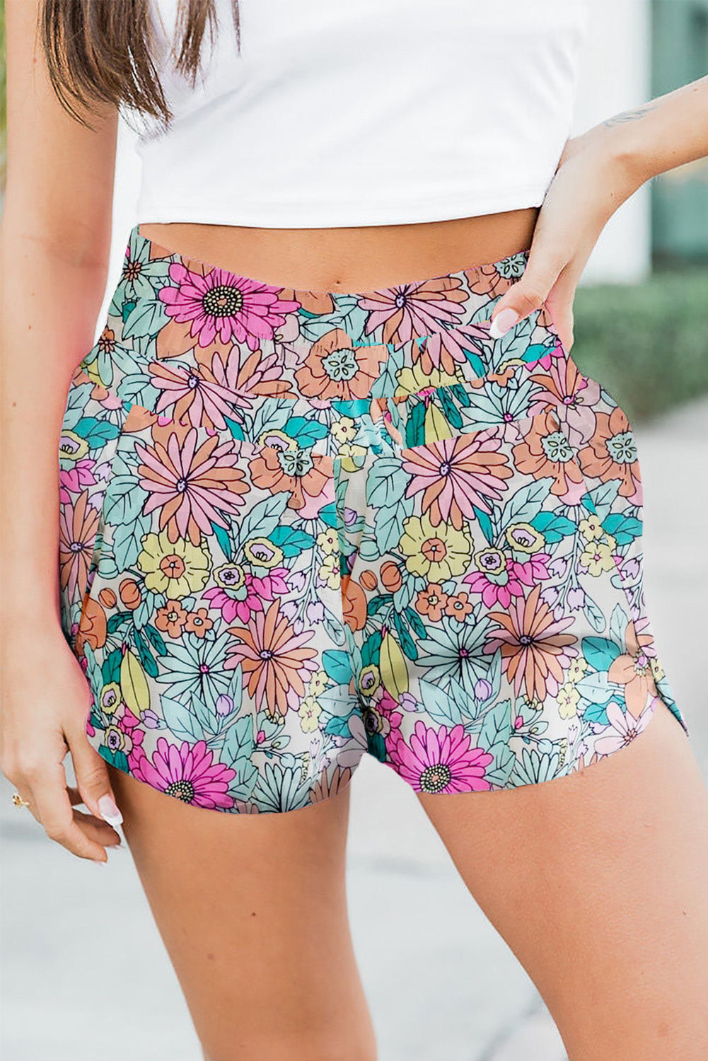 Women Floral Elastic Waist Shorts nicholesgifts