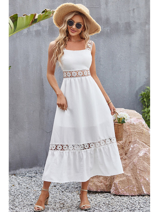 Women Flower Crochet Wide Strap Midi Dress nicholesgifts