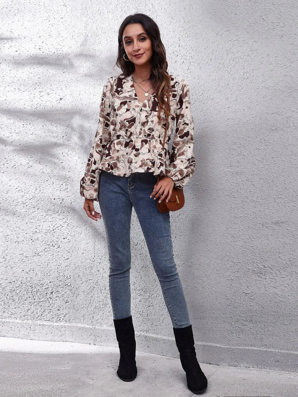 Ruched Printed V-Neck Long Sleeve Blouse nicholesgifts