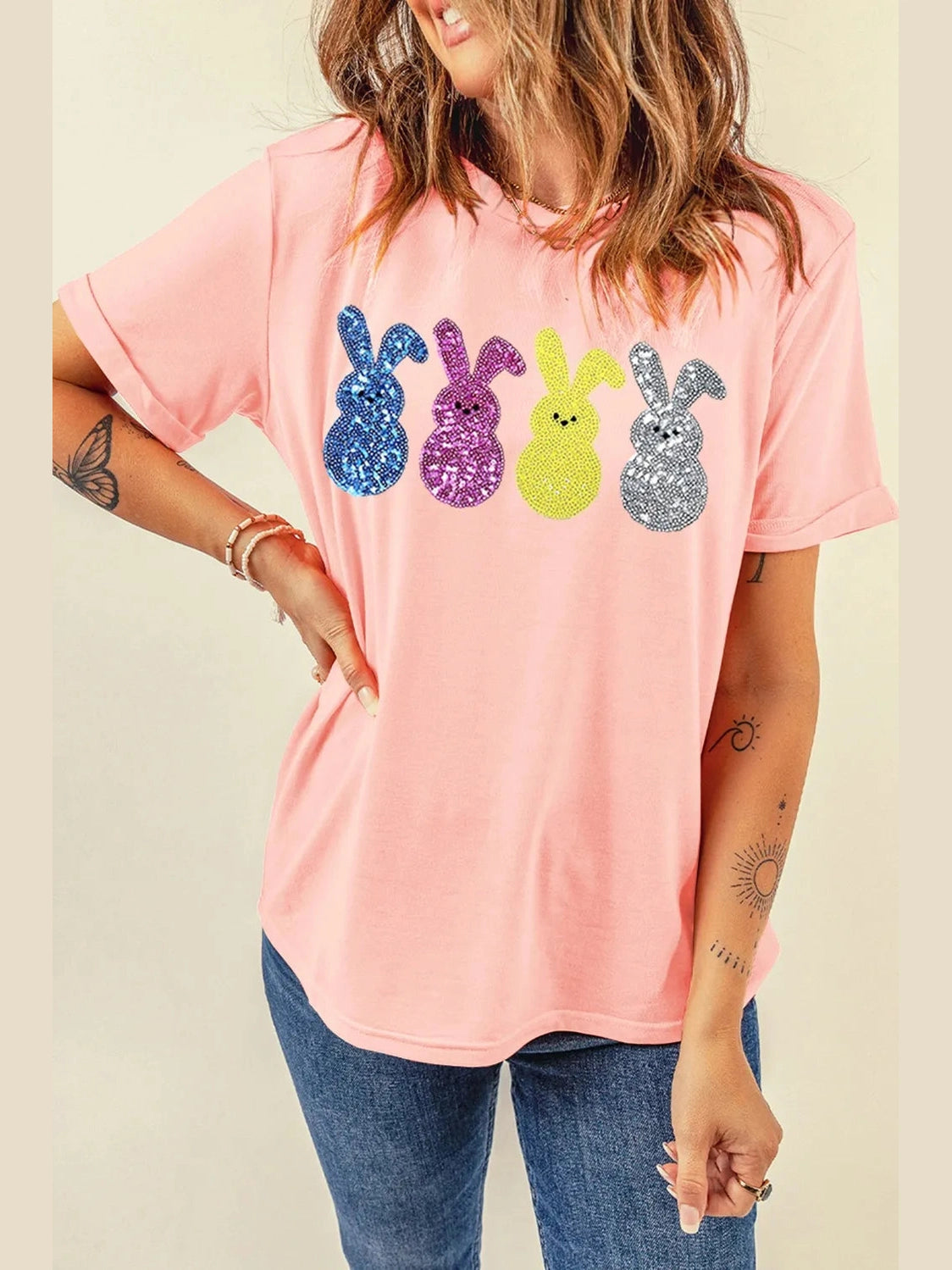 Sequin Bunny Round Neck Short Sleeve T-Shirt nicholesgifts