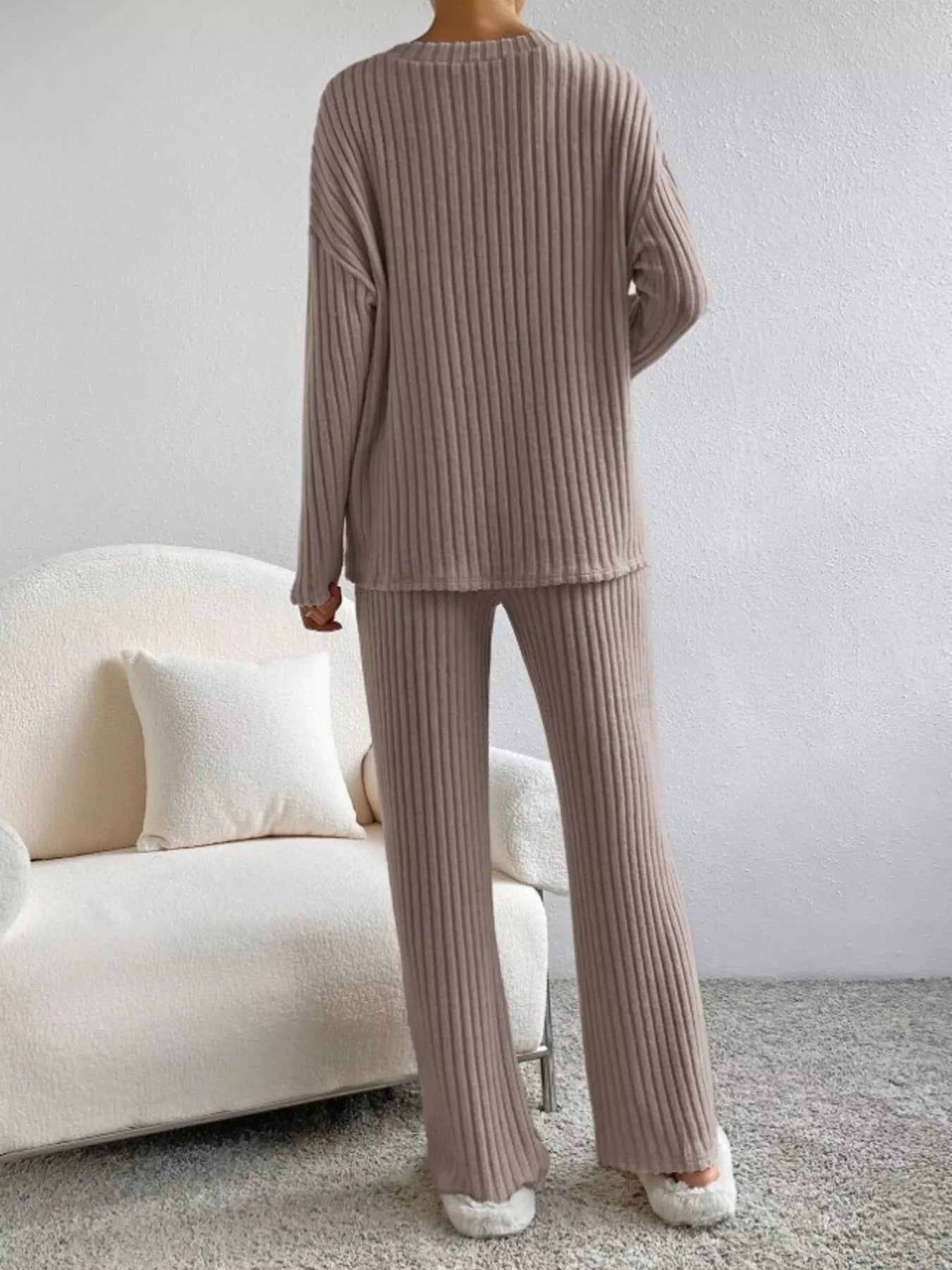 Ribbed Knit V-Neck Top and Pants Set nicholesgifts