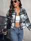 Women Perfee Plaid Button Up Drop Shoulder Cropped Jacket nicholesgifts