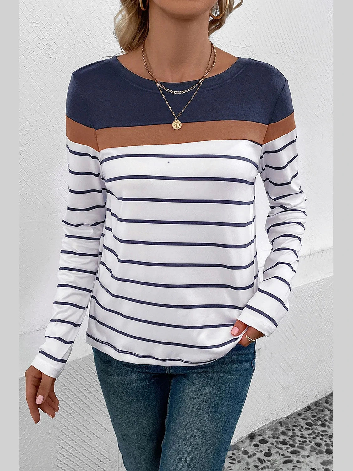 Perfee Striped Round Neck Long Sleeve T-Shirt nicholesgifts