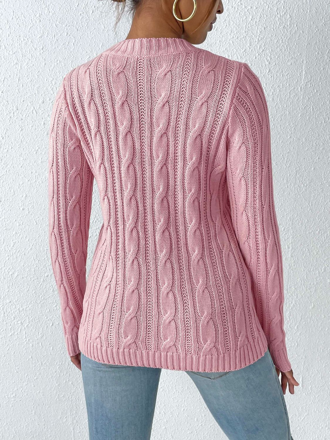 Cable-Knit Round Neck Long Sleeve Sweater nicholesgifts