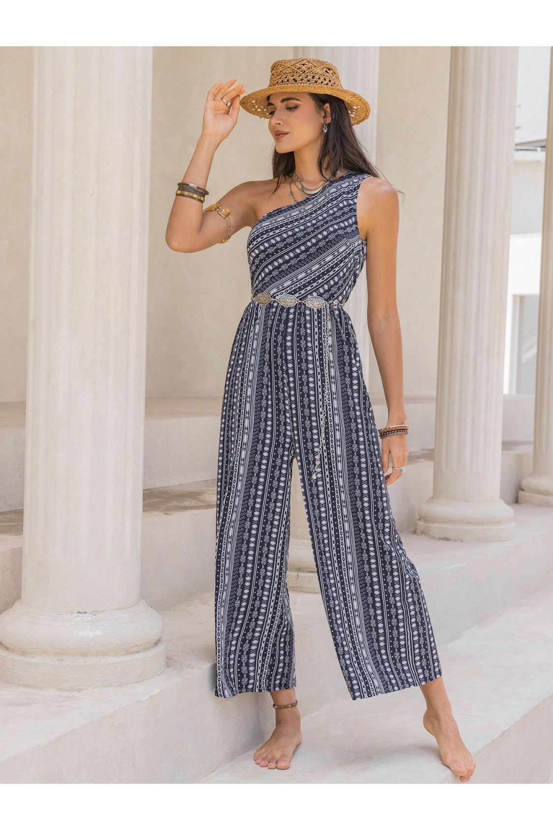 Printed Single Shoulder Sleeveless Jumpsuit nicholesgifts