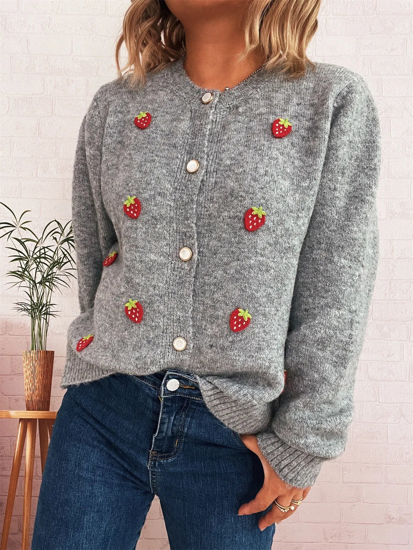 Strawberry Button Up Long Sleeve Cardigan Trendsi