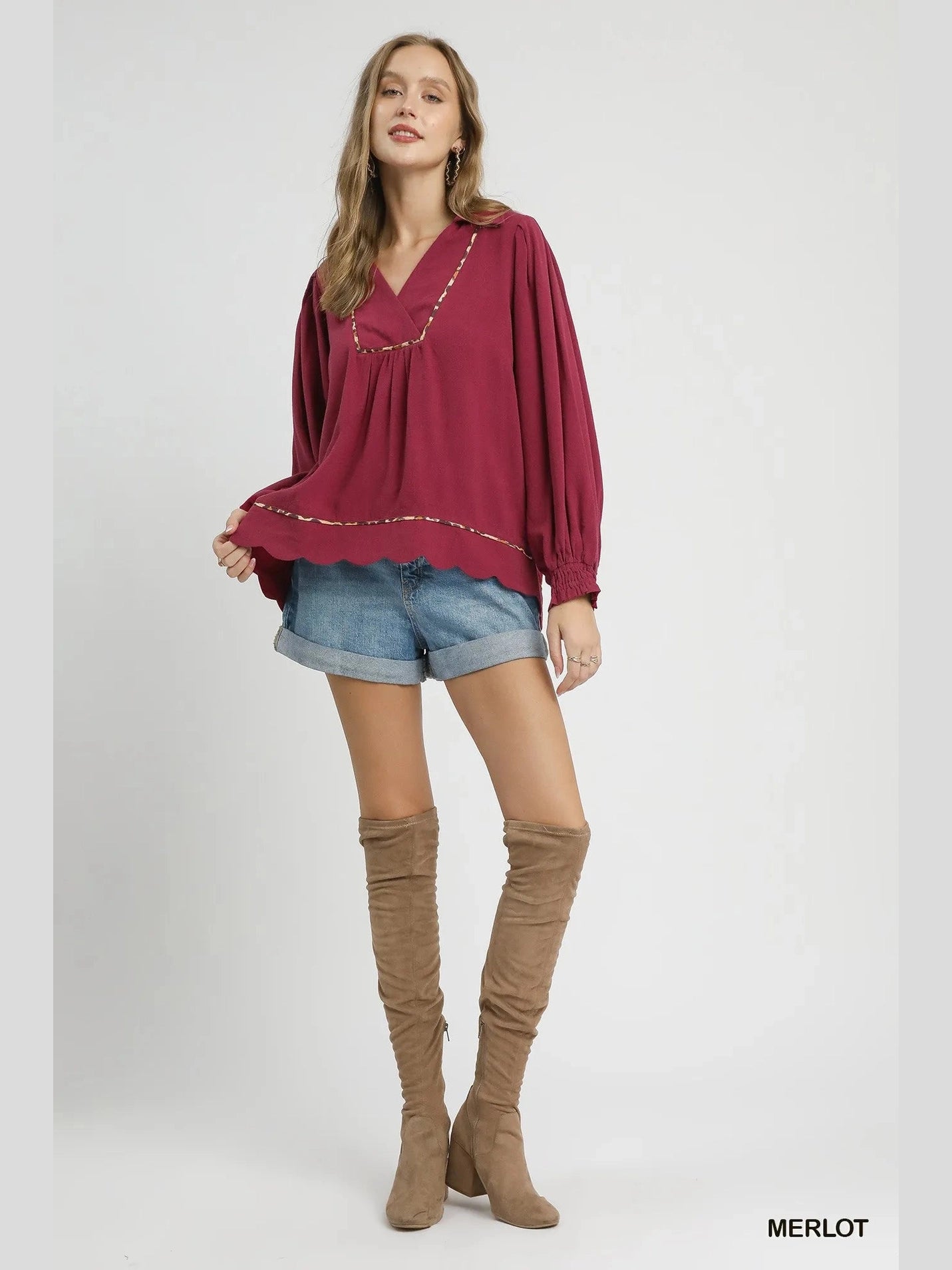 Women Umgee Full Size Linen Scallop Hem Long Sleeve Blouse with Contrast Trim Plus Size NicholesGifts