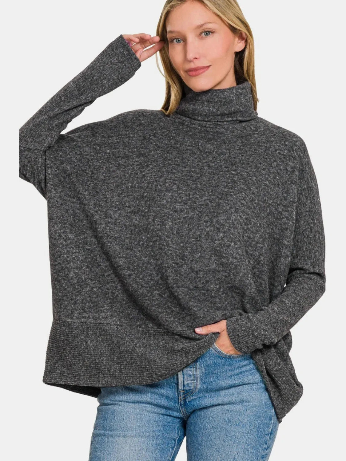 Zenana Full Size Brushed Melange Hacci Turtleneck Sweater Trendsi