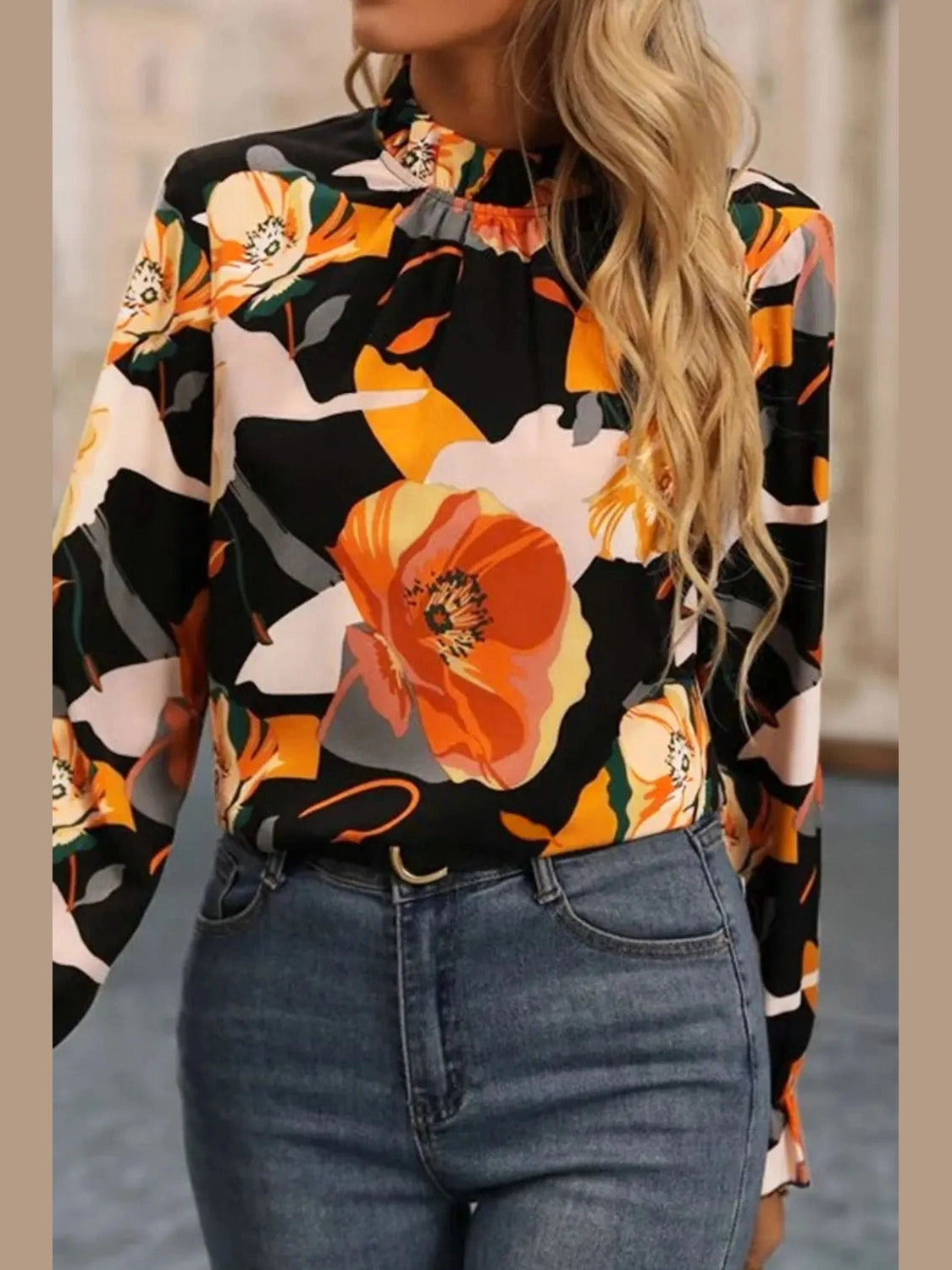 Floral Mock Neck Flounce Sleeve Blouse