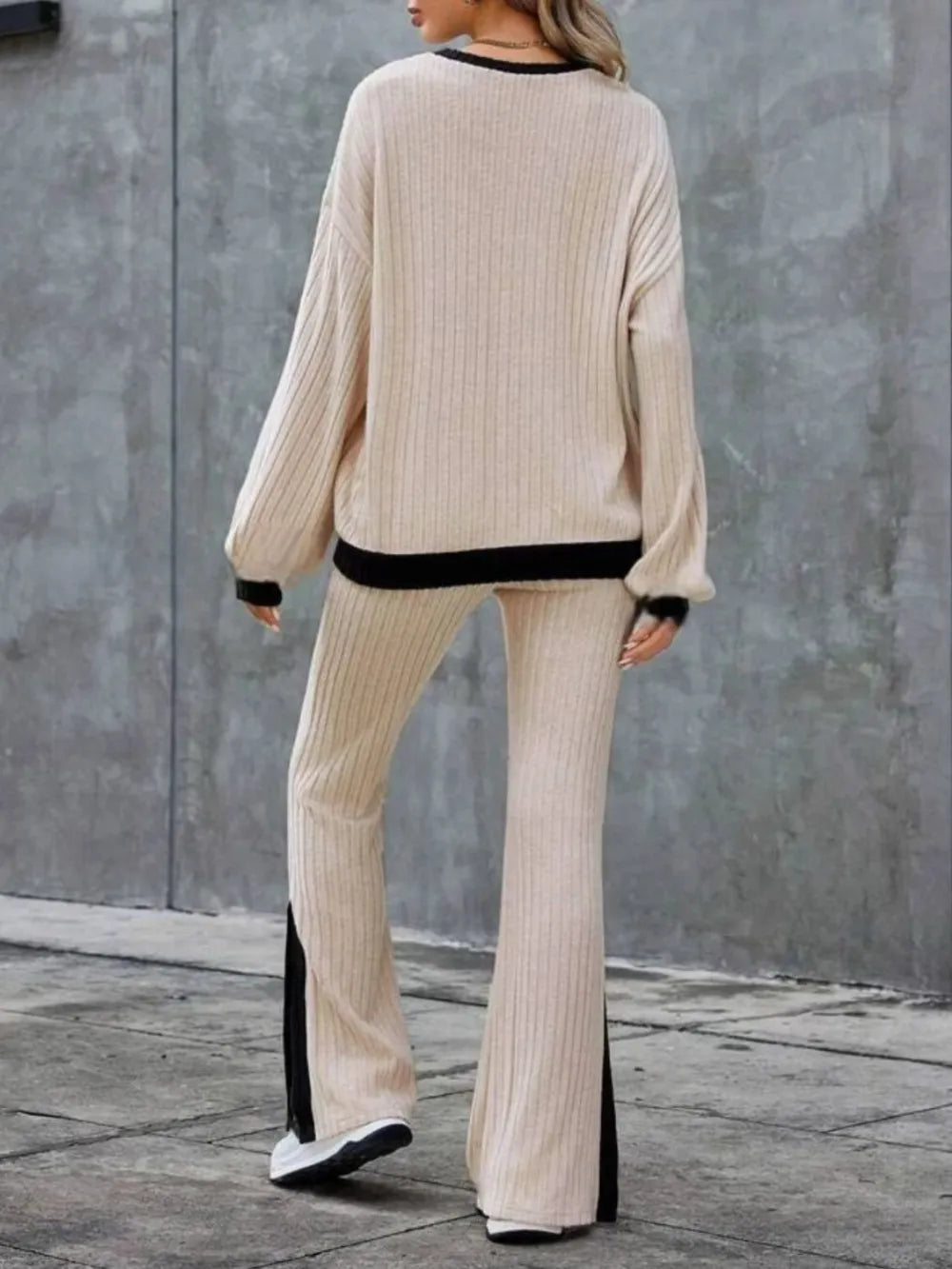 Contrast Round Neck Long Sleeve Top and Bootcut Pants Set nicholesgifts