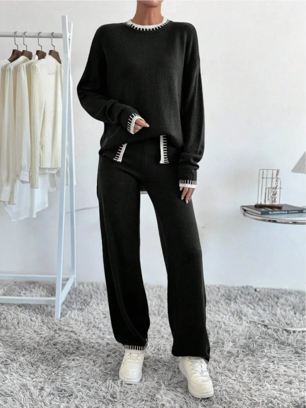 Side Slit Contrast Trim Round Neck Top and Pants Sweater Set nicholesgifts