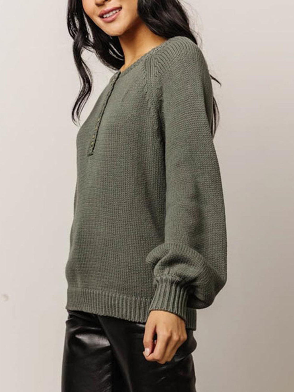 Buttoned Round Neck Long Sleeve Sweater Trendsi