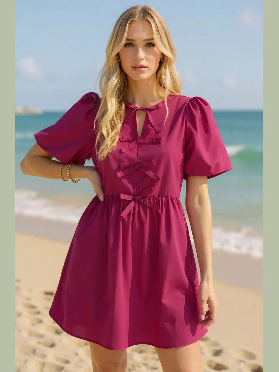 Oh Bow Ruched Puff Sleeve Mini Dress NicholesGifts