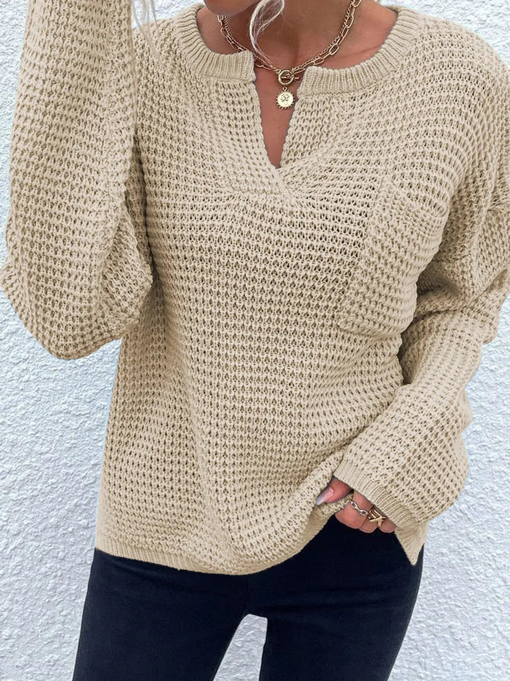 Notched Long Sleeve Sweater nicholesgifts