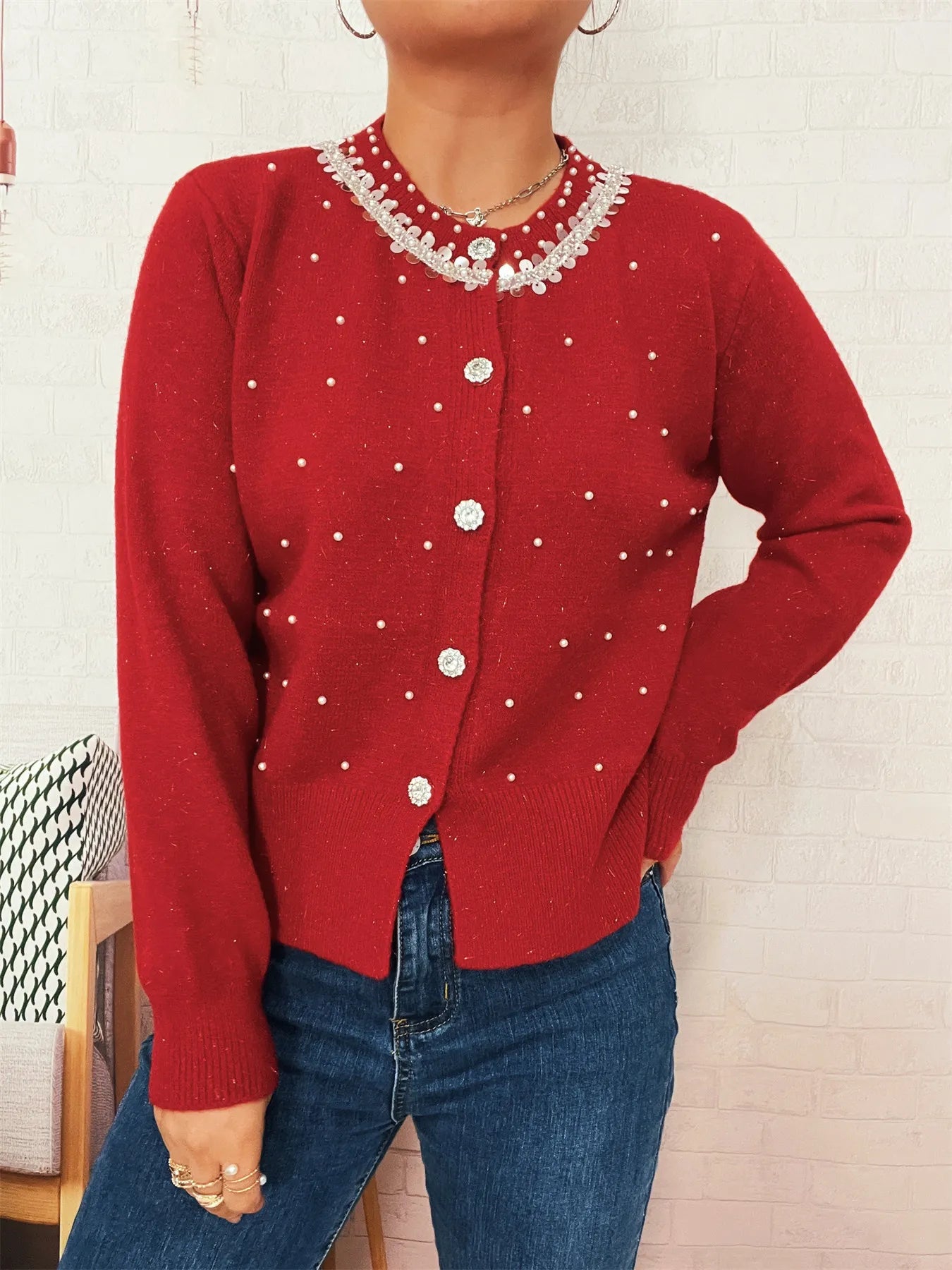 Pearl Detail Button-Front Cardigan NicholesGifts