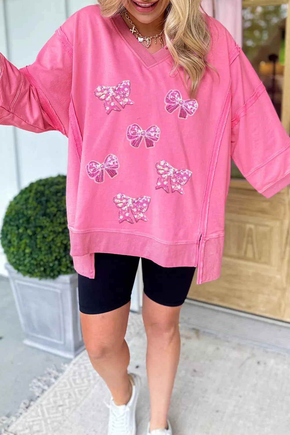 Bow V-Neck Sweatshirt nicholesgifts
