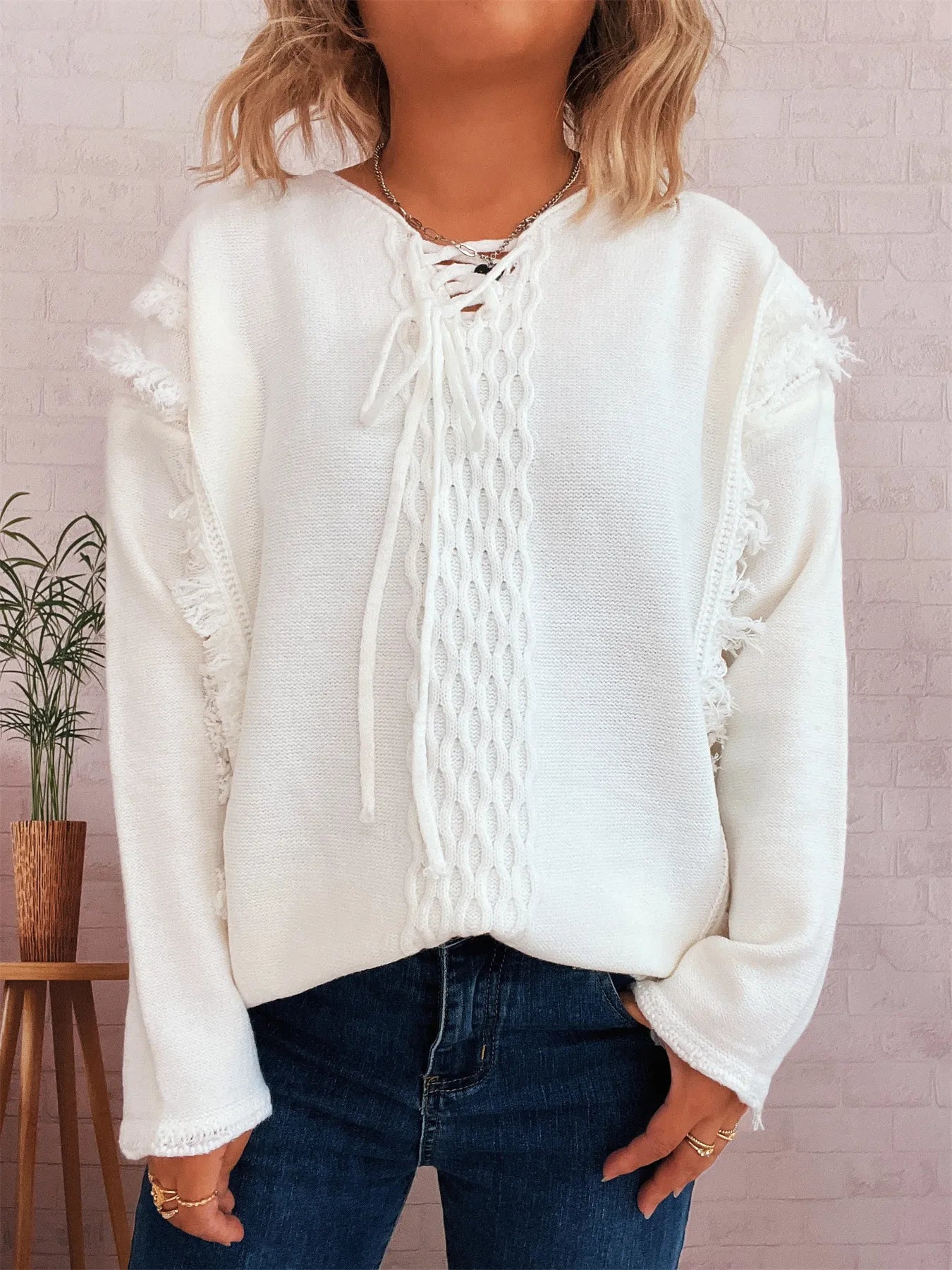 Raw Hem Lace Up Front Sweater Trendsi