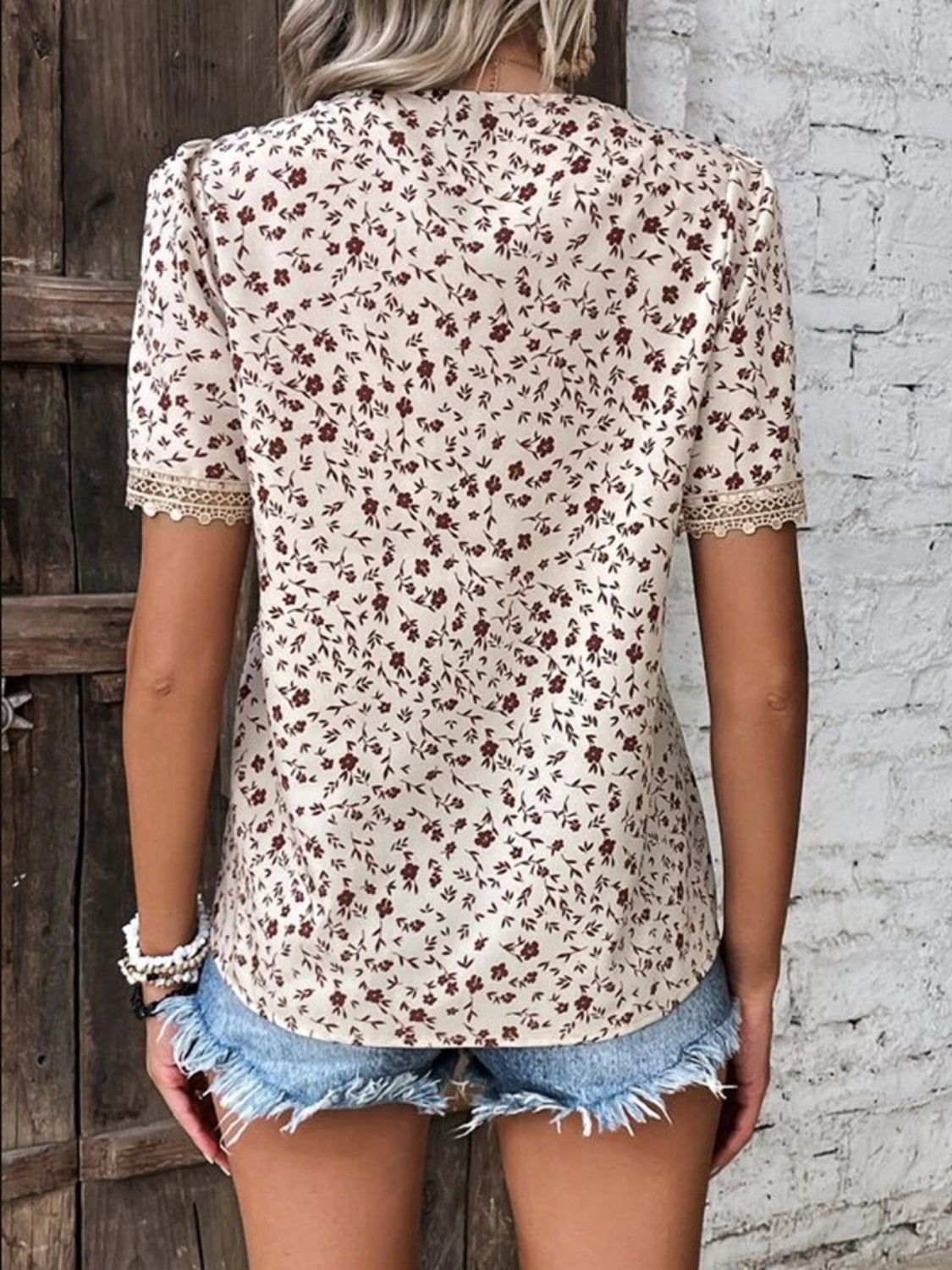 Women Full Size Printed V-Neck Short Sleeve Blouse nicholesgifts