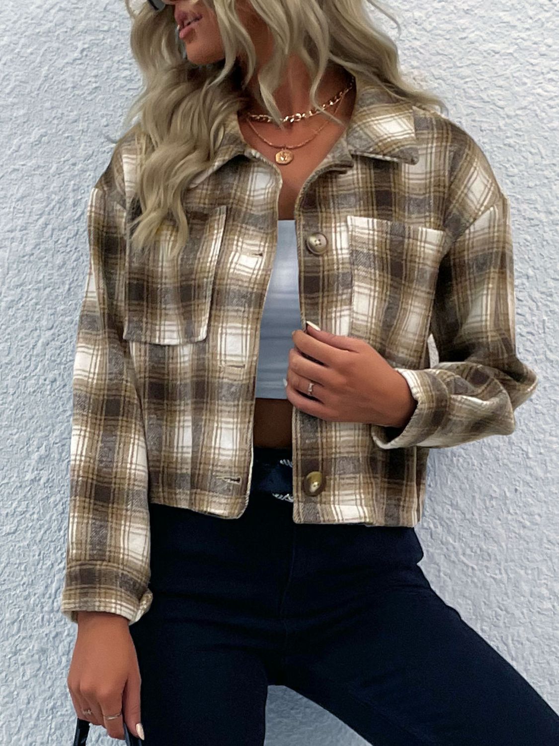 Perfee Plaid Button-Up Dropped Shoulder Shacket nicholesgifts