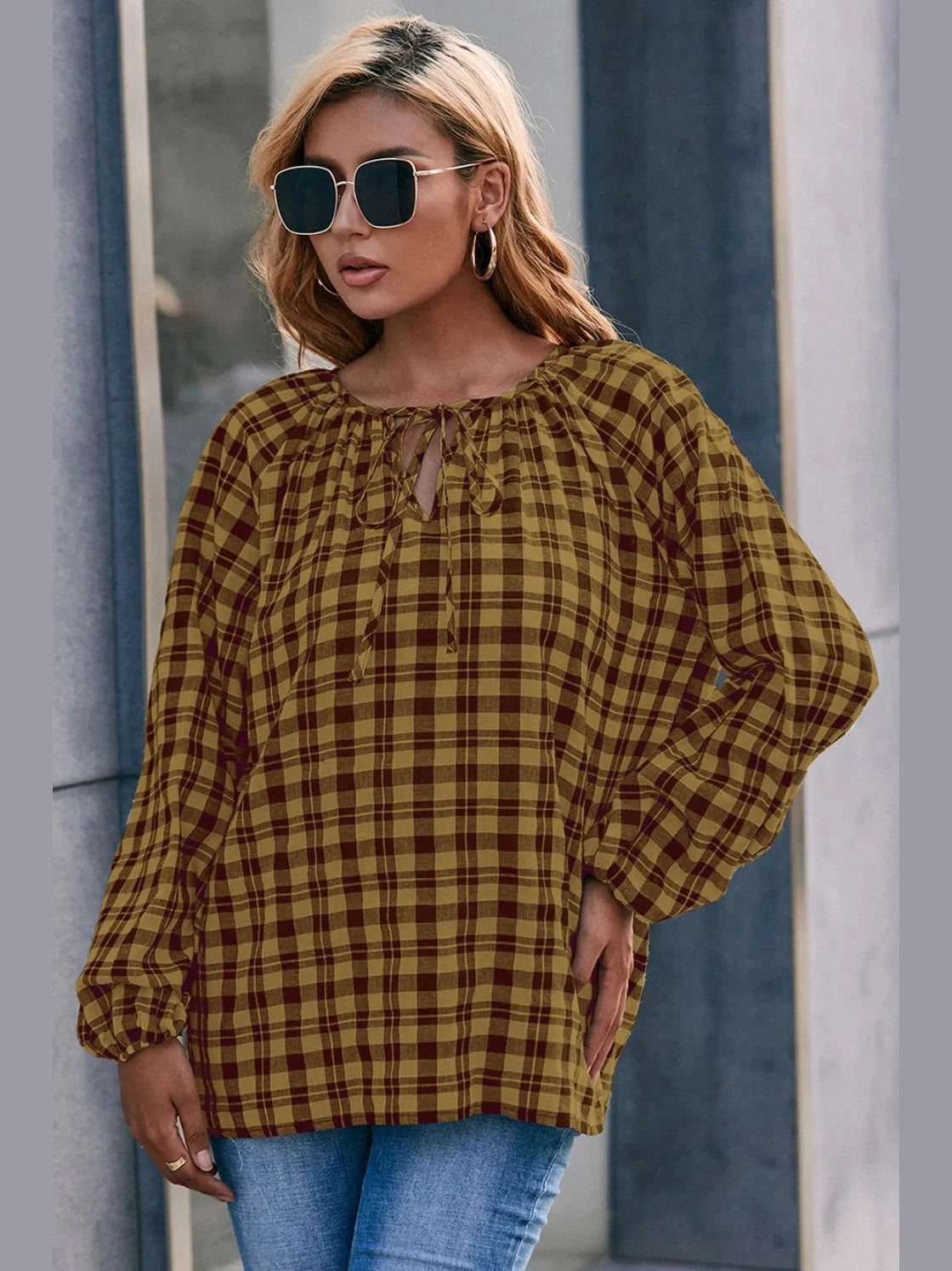 Ivy Lane Plaid Tie Neck Balloon Sleeve Blouse