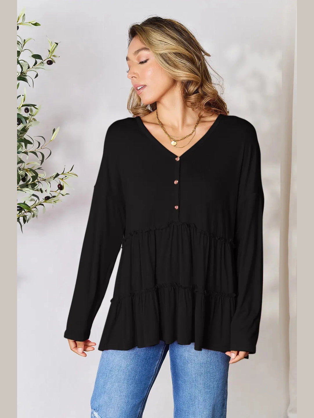 Double Take Half Button Long Sleeve Ruffle Hem Blouse nicholesgifts