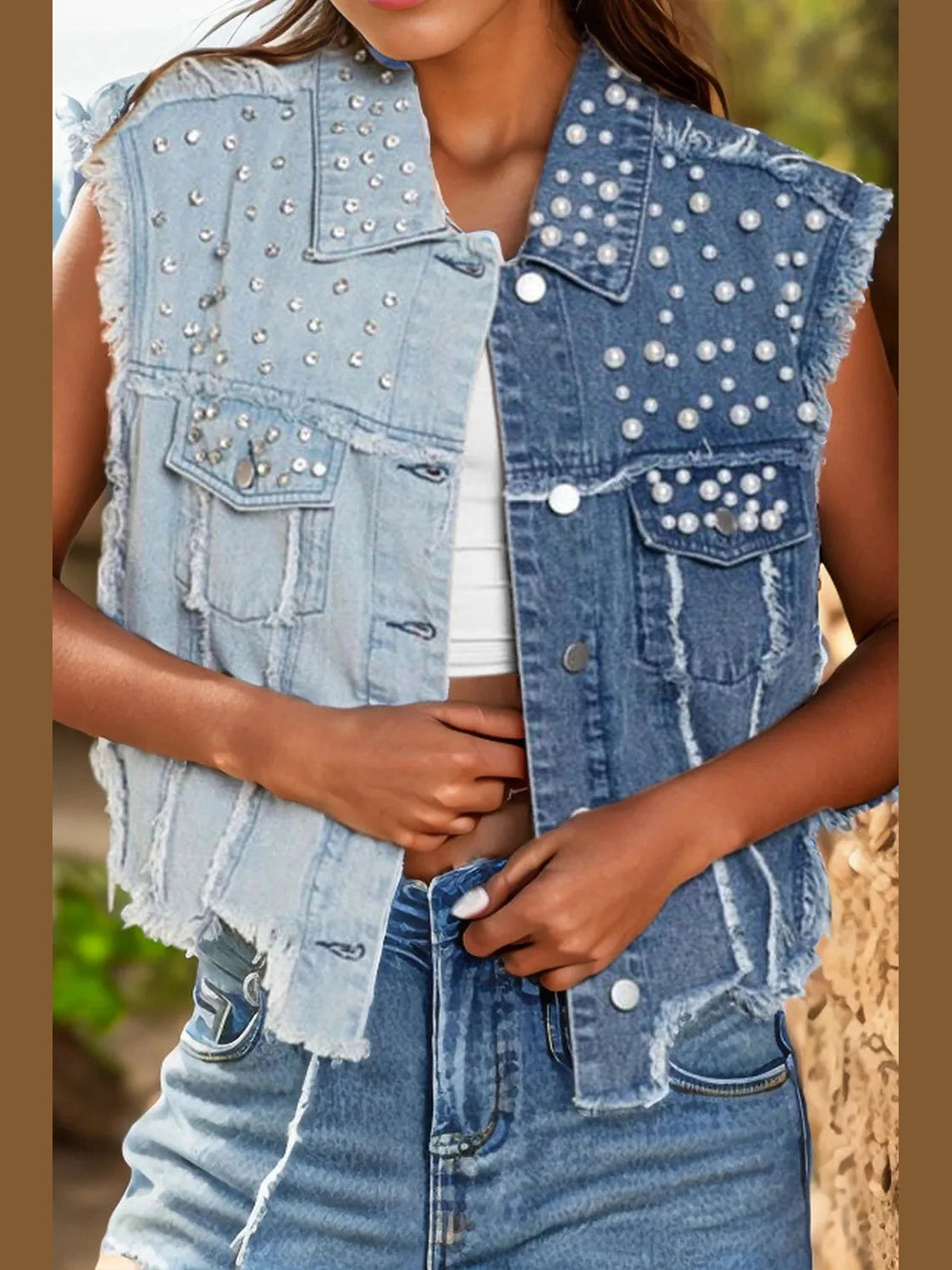 Pearl Raw Hem Sleeveless Denim Jacket nicholesgifts