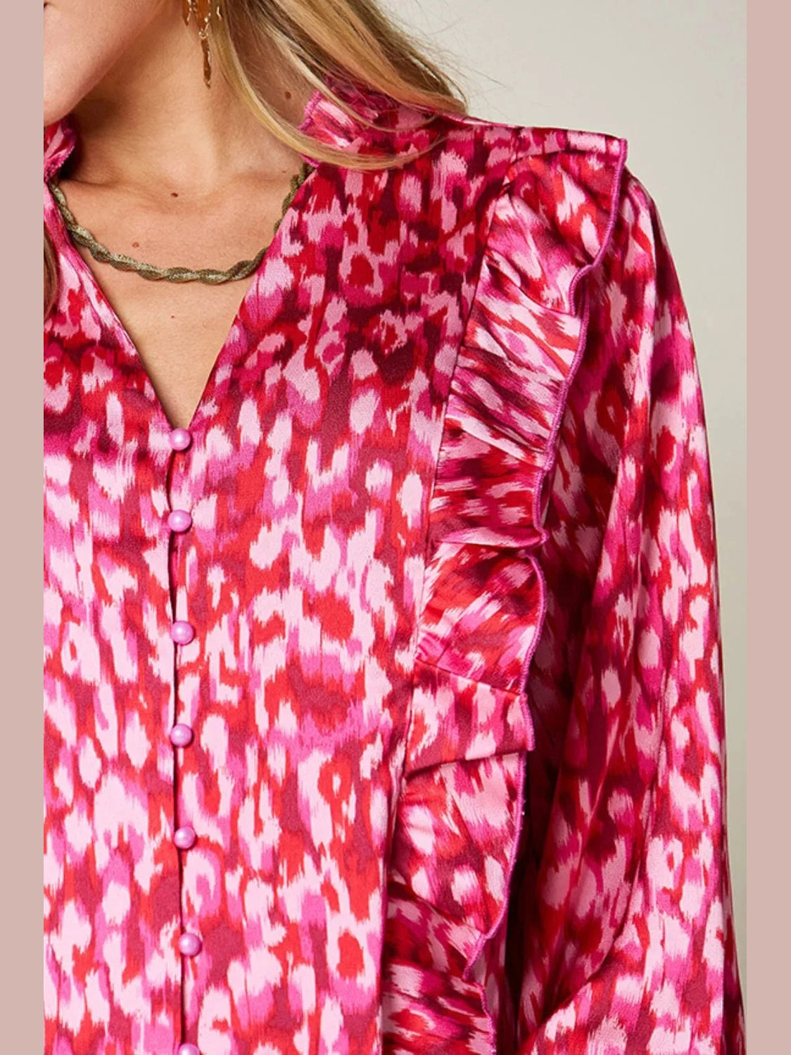 Double Take Full Size Printed Ruffle Trim Balloon Sleeve Shirt nicholesgifts
