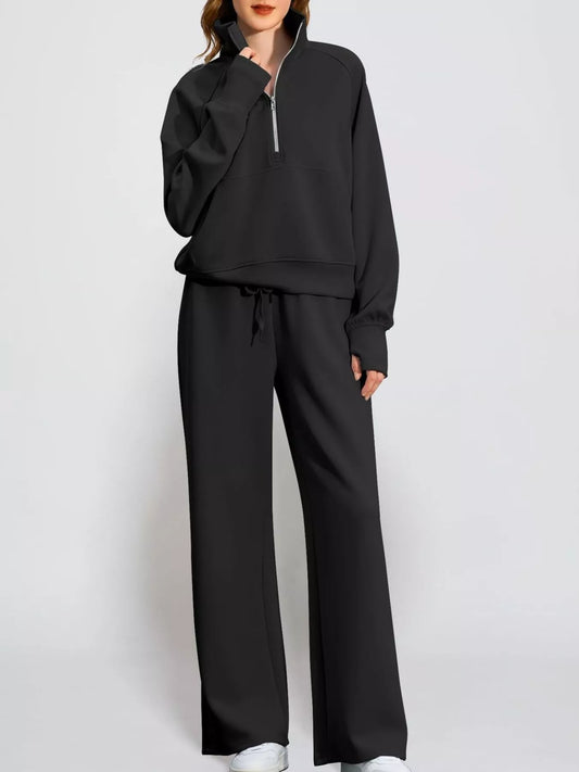 Full Size Half-Zip Sweatshirt and Wide-Leg Pants Set Plus Size Trendsi
