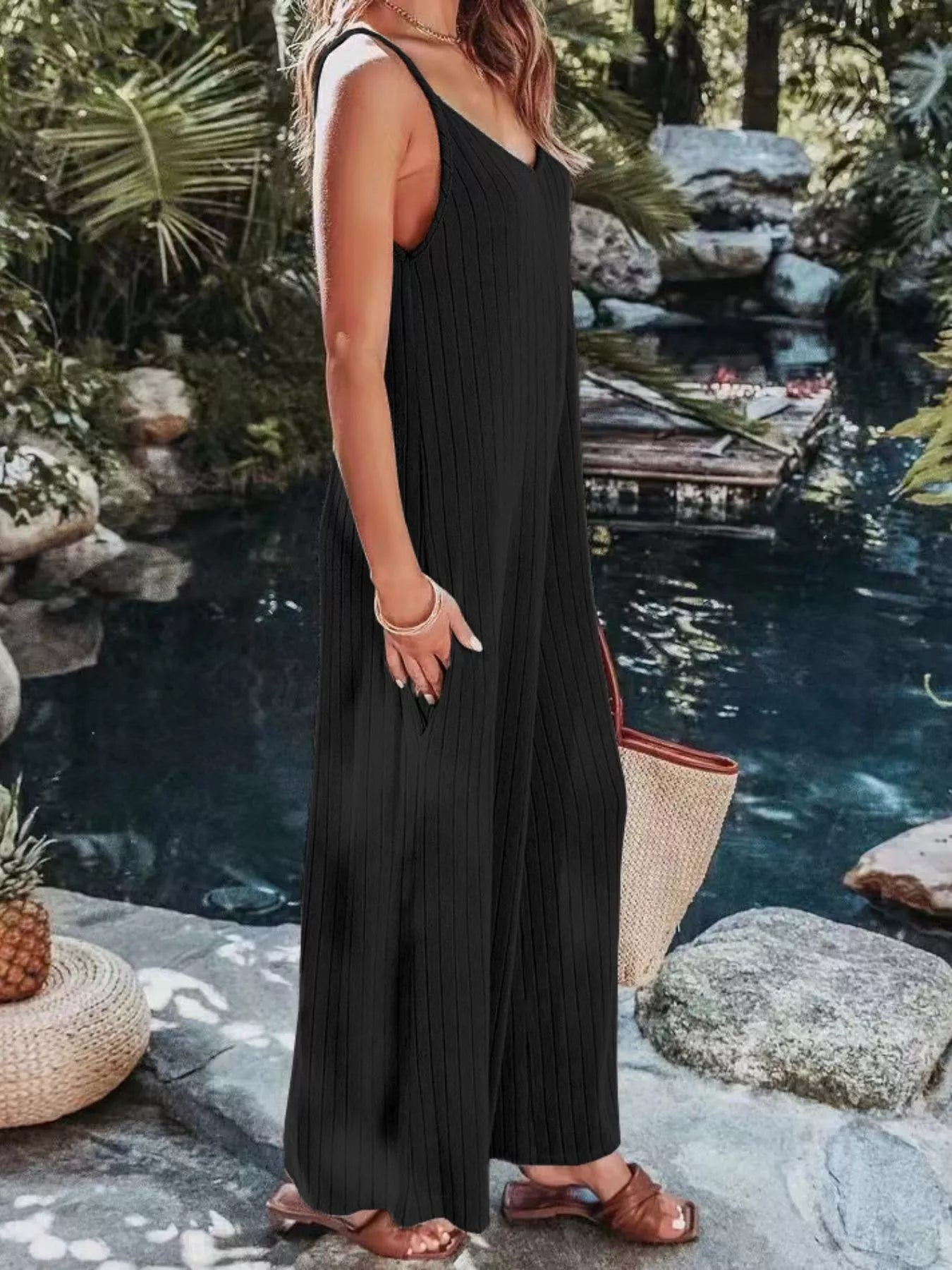 Ribbed V-Neck Wide Leg Jumpsuit nicholesgifts