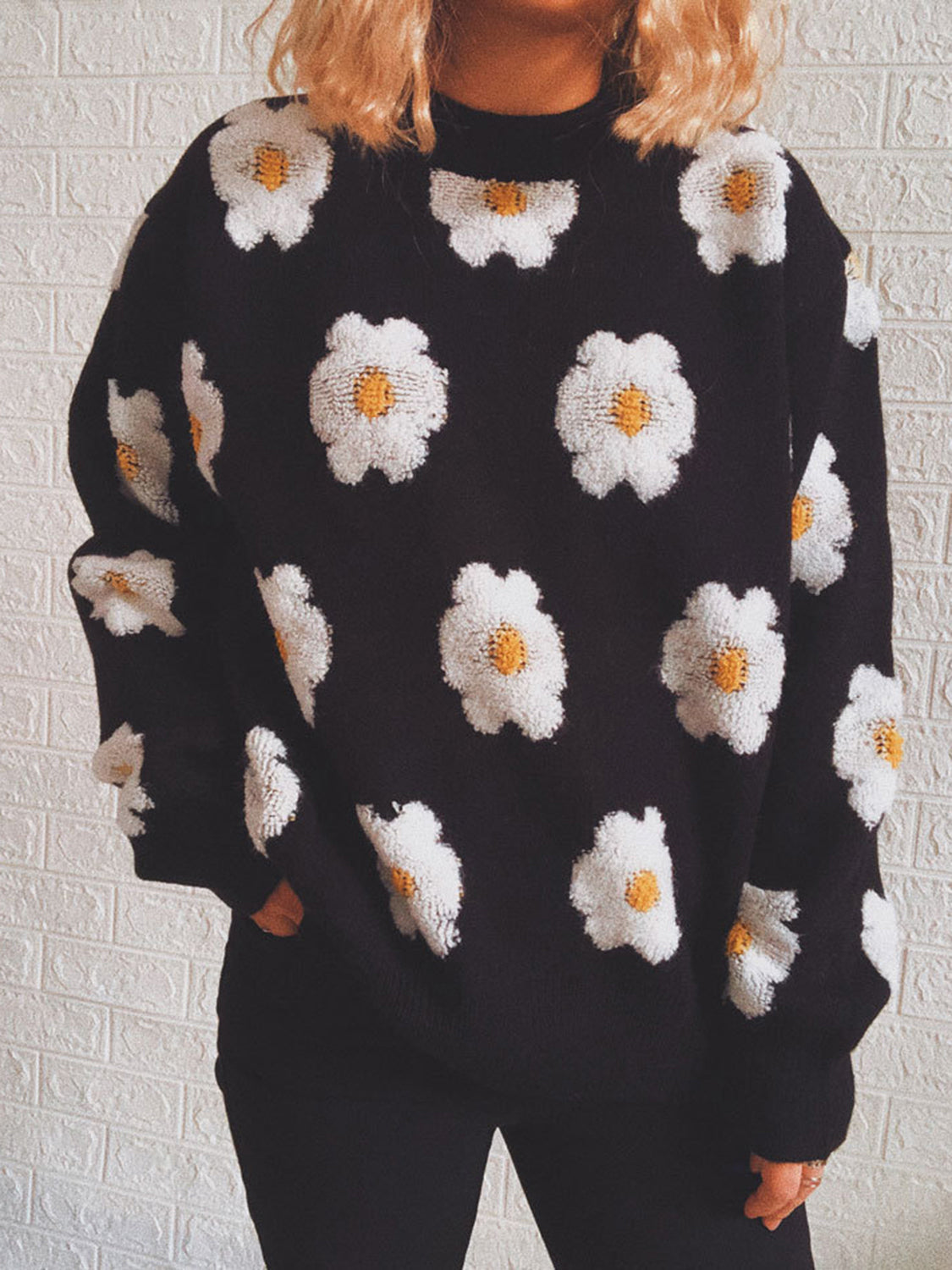 Flower Round Neck Long Sleeve Sweater Trendsi