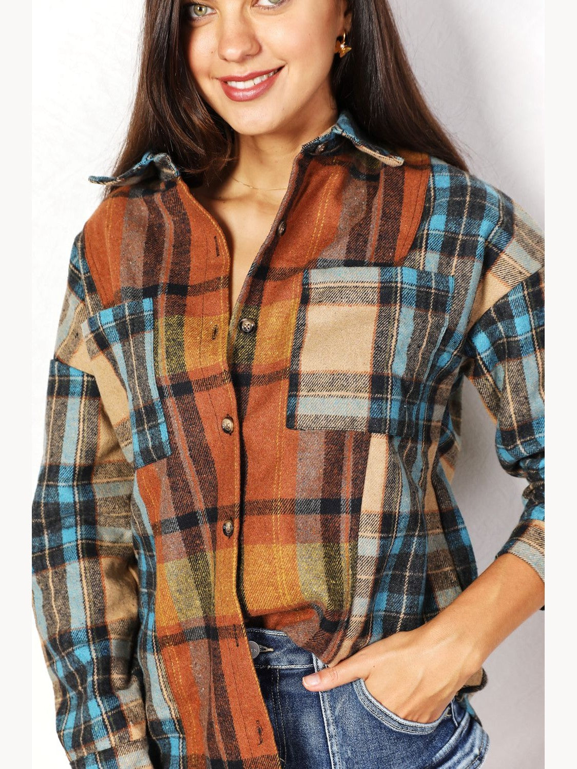 Double Take Plaid Curved Hem Shirt Jacket with Breast Pockets nicholesgifts