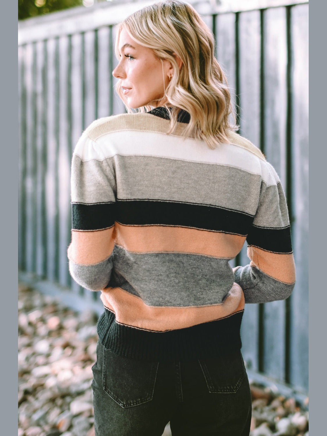 Striped Round Neck Long Sleeve Sweater Trendsi