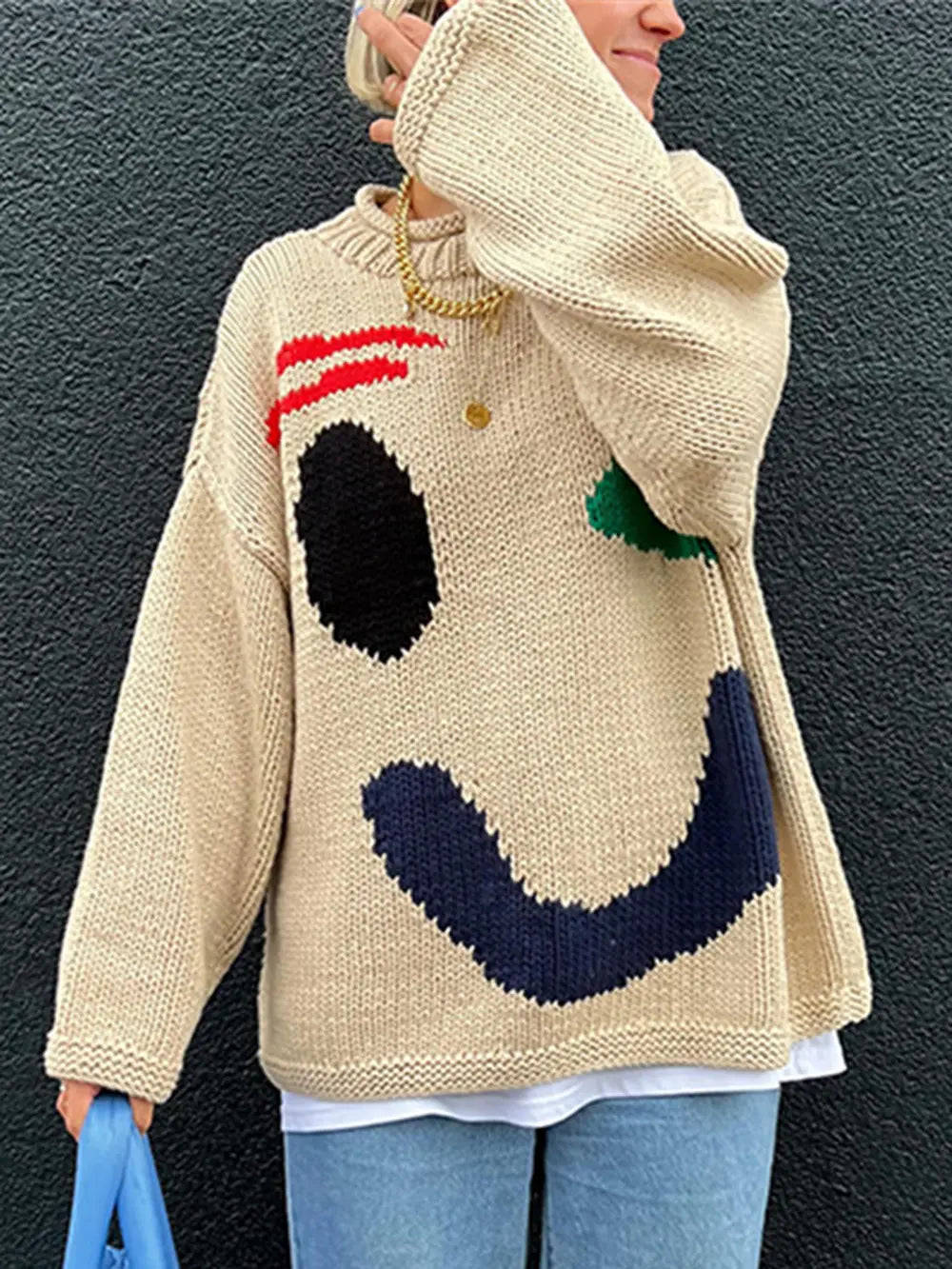 Contrast Drop Shoulder Long Sleeve Sweater nicholesgifts