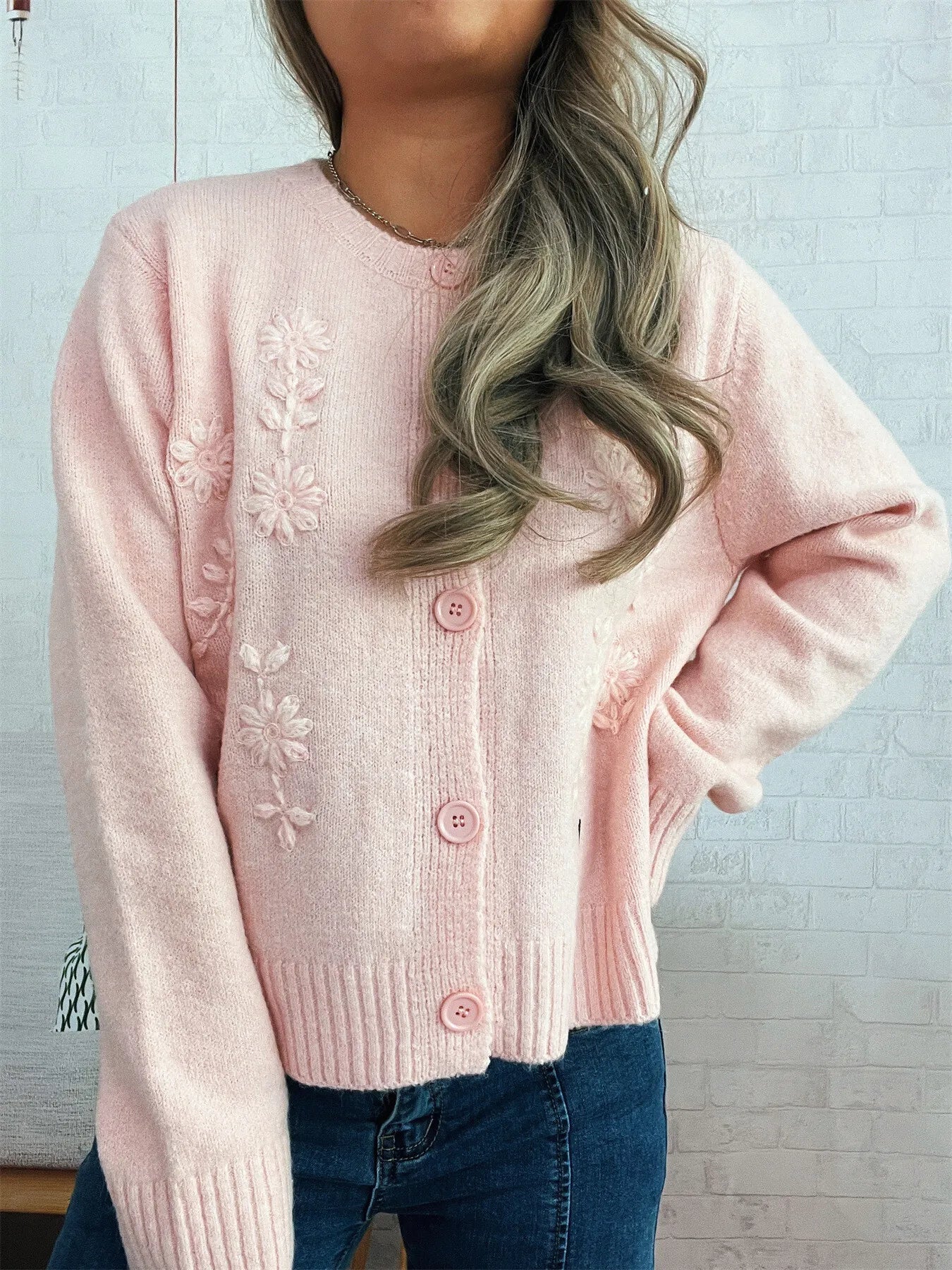 Flower Button Up Ribbed Hem Cardigan