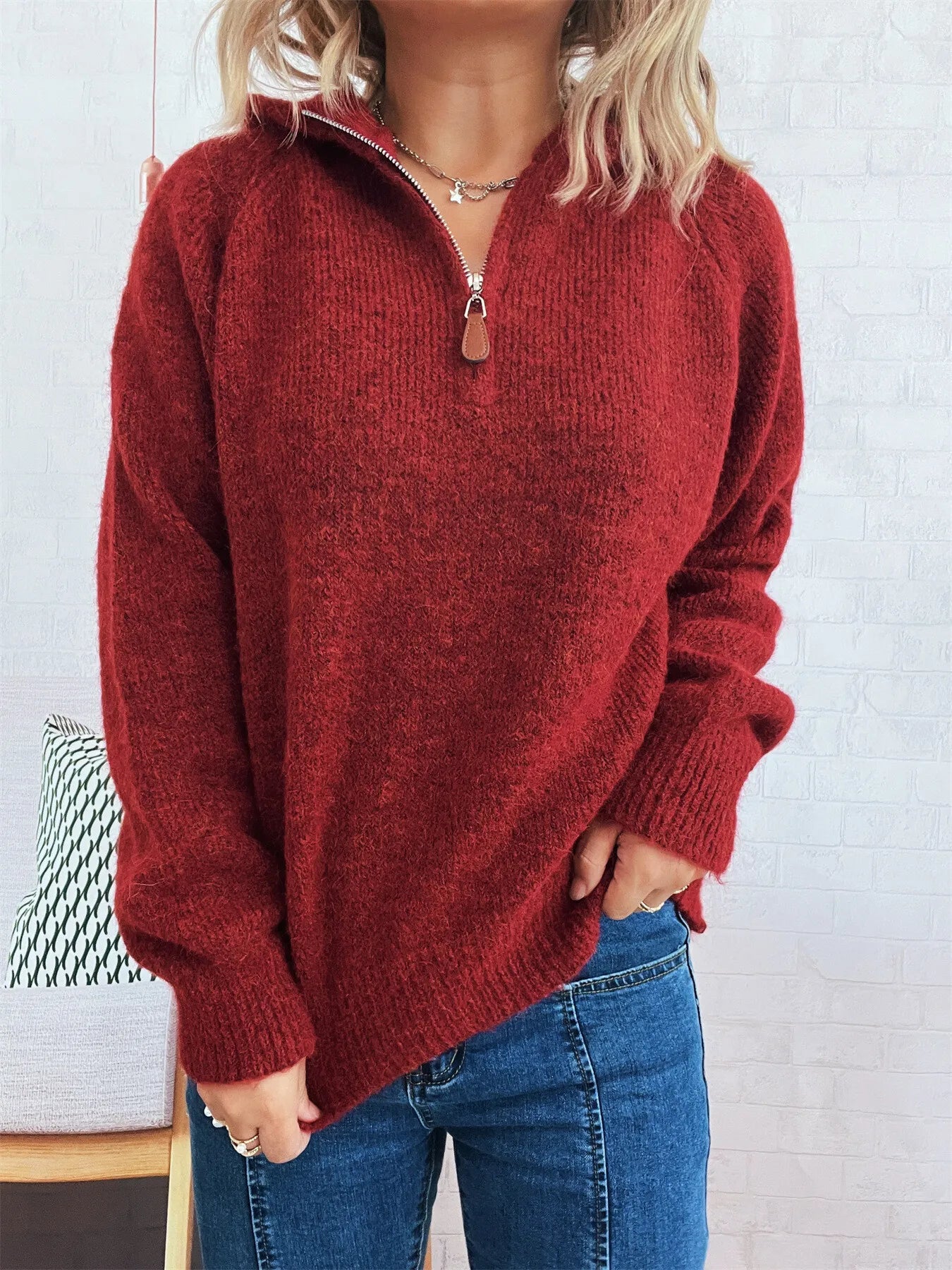 Quarter Zip Ribbed Hem Sweater