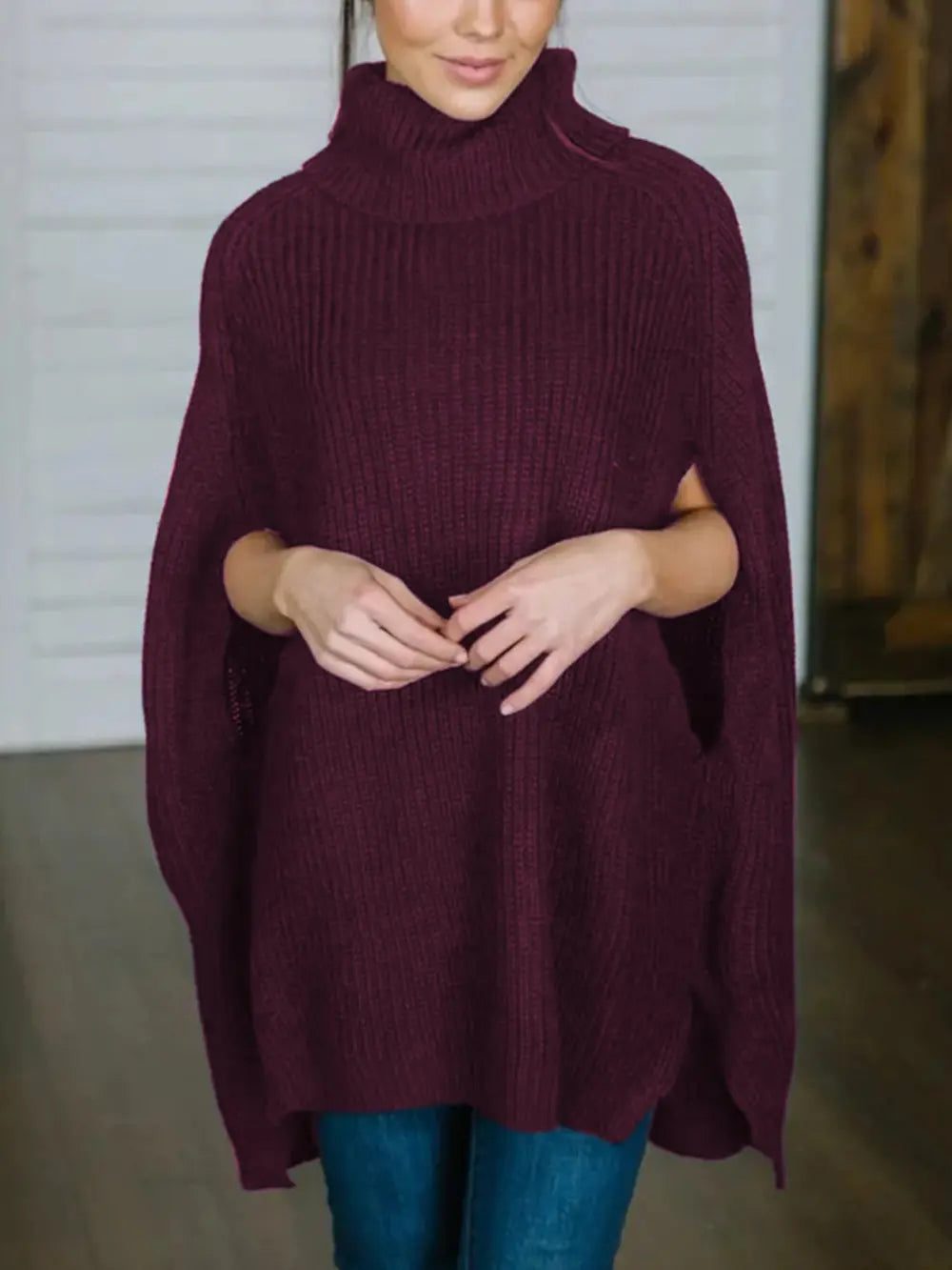 Turtleneck Slit Sweater Trendsi